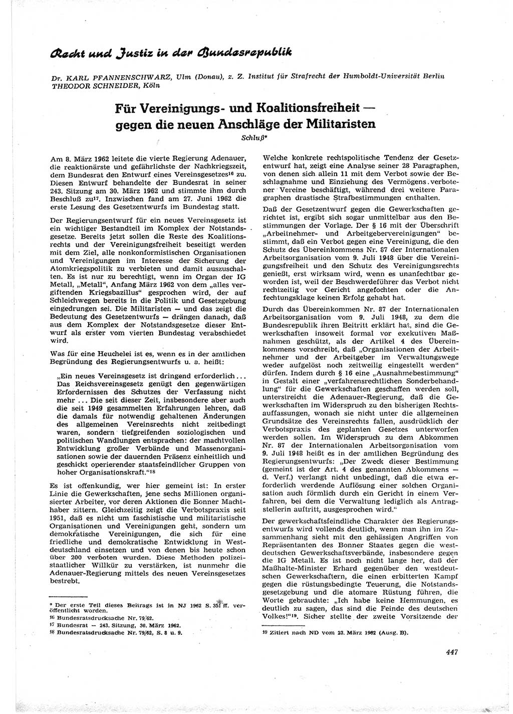 Neue Justiz (NJ), Zeitschrift für Recht und Rechtswissenschaft [Deutsche Demokratische Republik (DDR)], 16. Jahrgang 1962, Seite 447 (NJ DDR 1962, S. 447)