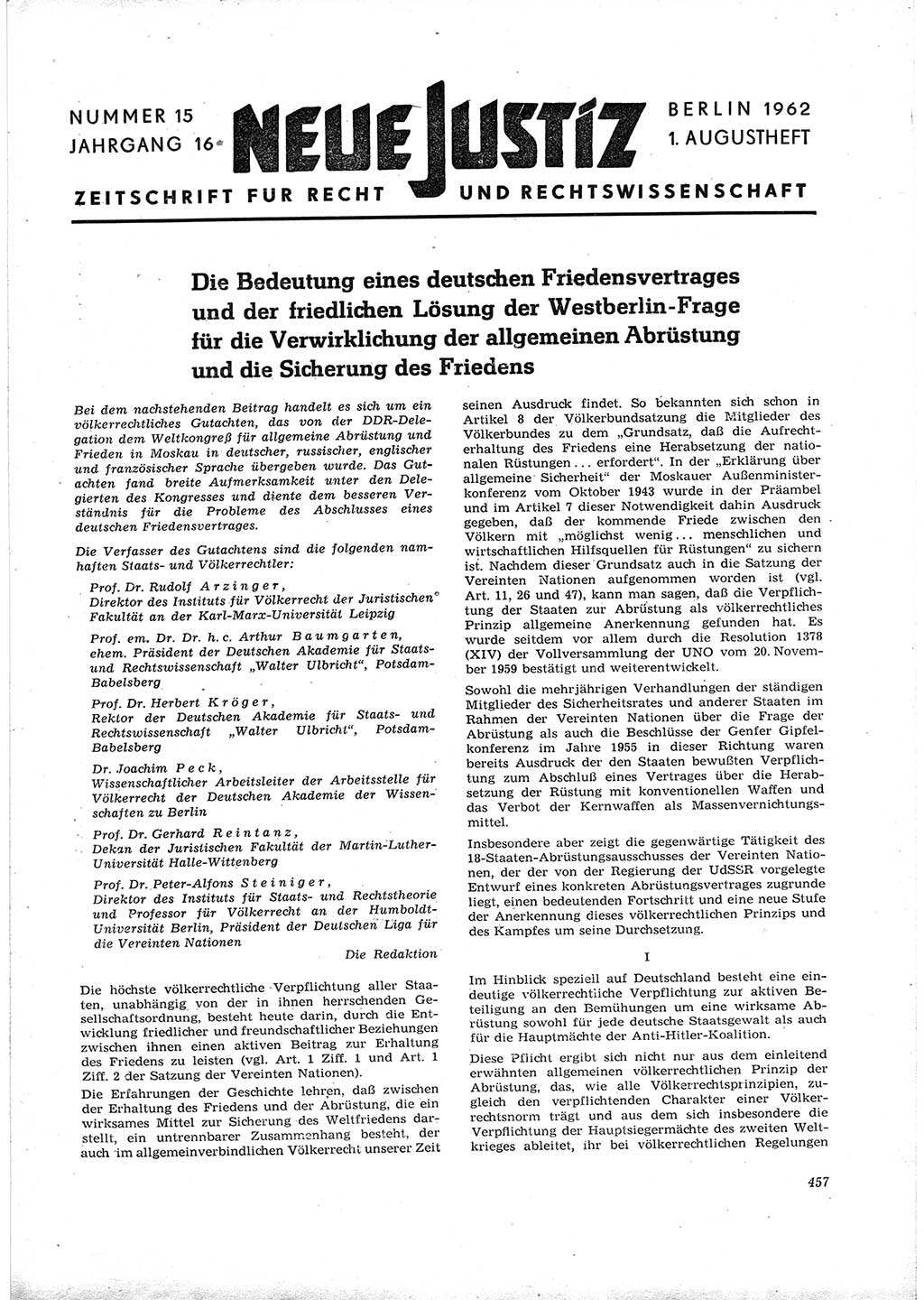 Neue Justiz (NJ), Zeitschrift für Recht und Rechtswissenschaft [Deutsche Demokratische Republik (DDR)], 16. Jahrgang 1962, Seite 457 (NJ DDR 1962, S. 457)