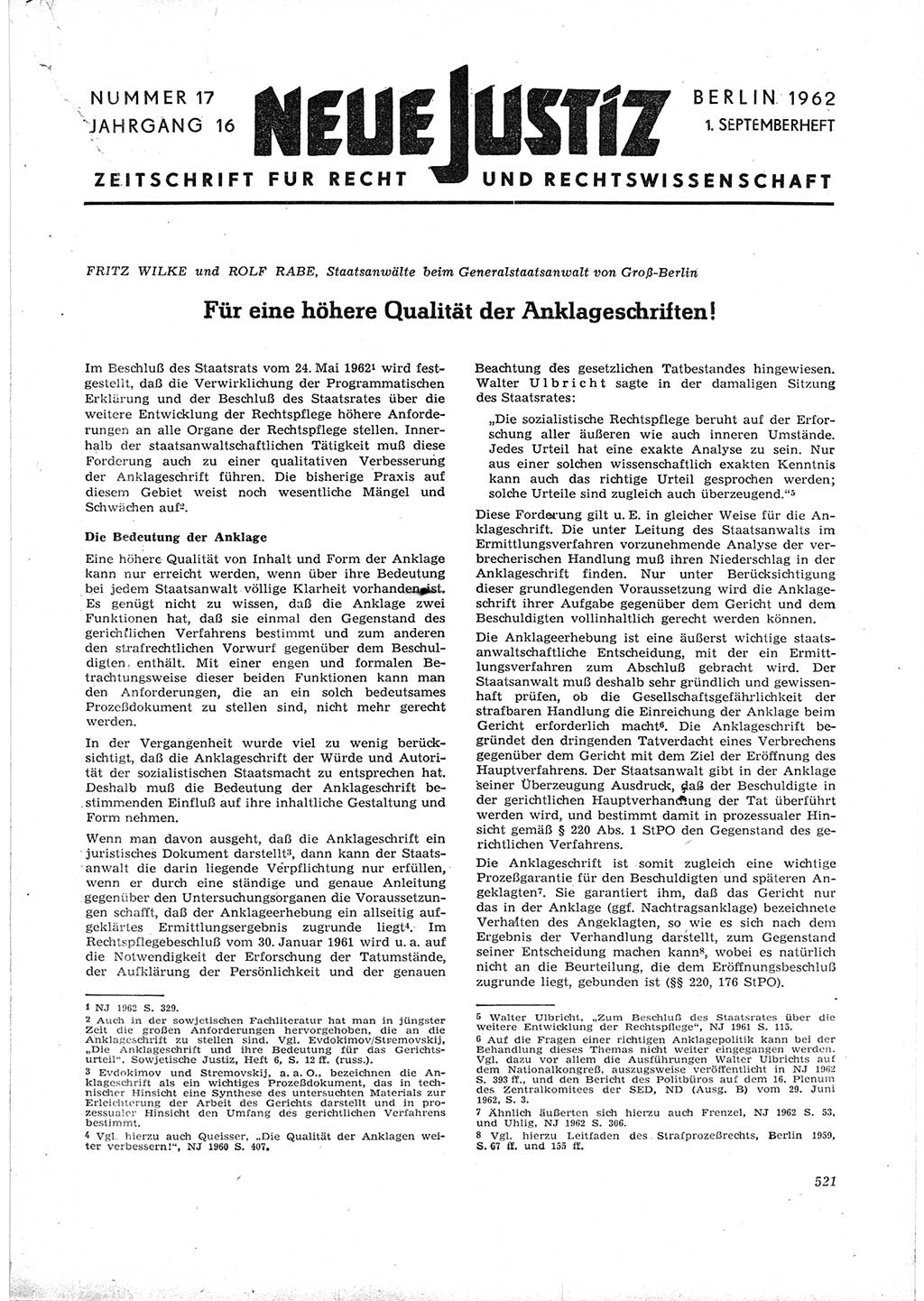 Neue Justiz (NJ), Zeitschrift für Recht und Rechtswissenschaft [Deutsche Demokratische Republik (DDR)], 16. Jahrgang 1962, Seite 521 (NJ DDR 1962, S. 521)