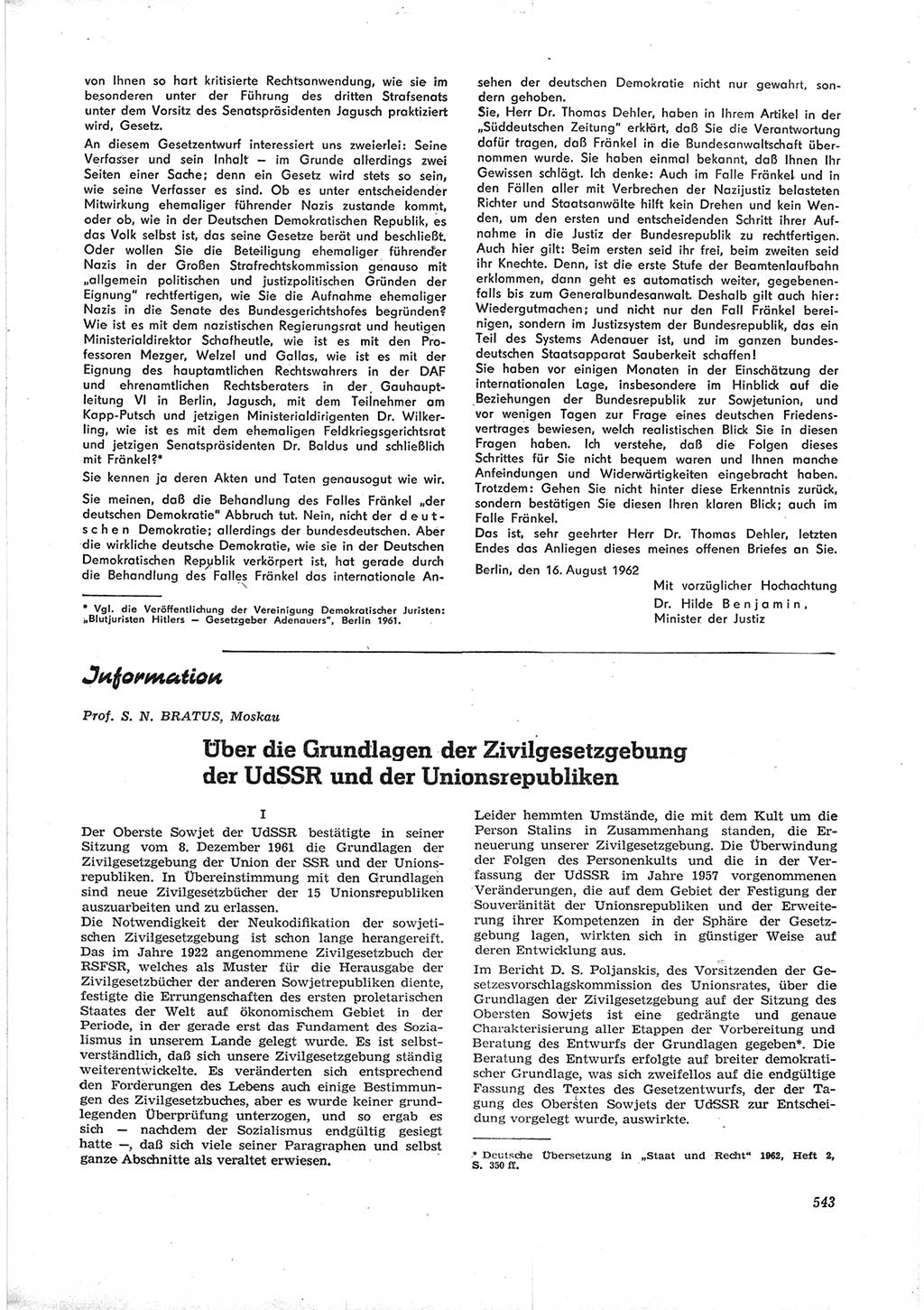 Neue Justiz (NJ), Zeitschrift für Recht und Rechtswissenschaft [Deutsche Demokratische Republik (DDR)], 16. Jahrgang 1962, Seite 543 (NJ DDR 1962, S. 543)