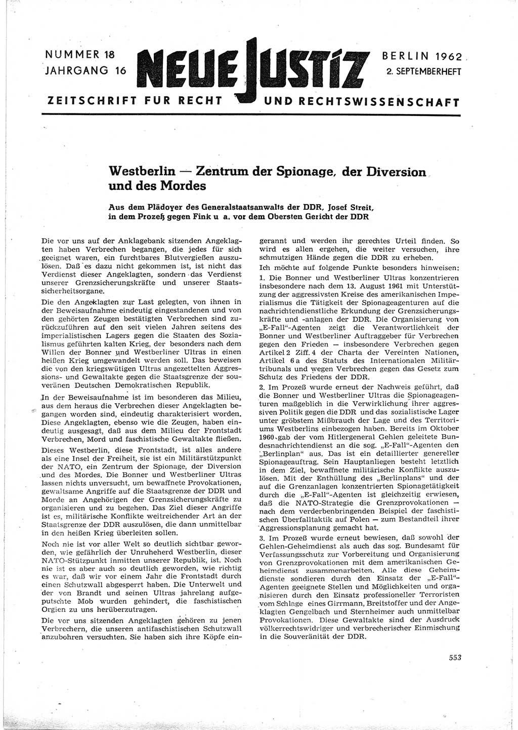 Neue Justiz (NJ), Zeitschrift für Recht und Rechtswissenschaft [Deutsche Demokratische Republik (DDR)], 16. Jahrgang 1962, Seite 553 (NJ DDR 1962, S. 553)