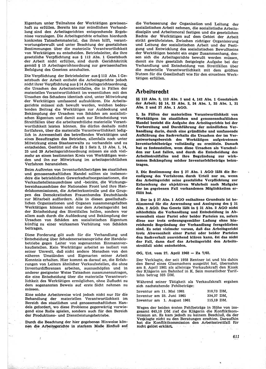 Neue Justiz (NJ), Zeitschrift für Recht und Rechtswissenschaft [Deutsche Demokratische Republik (DDR)], 16. Jahrgang 1962, Seite 611 (NJ DDR 1962, S. 611)