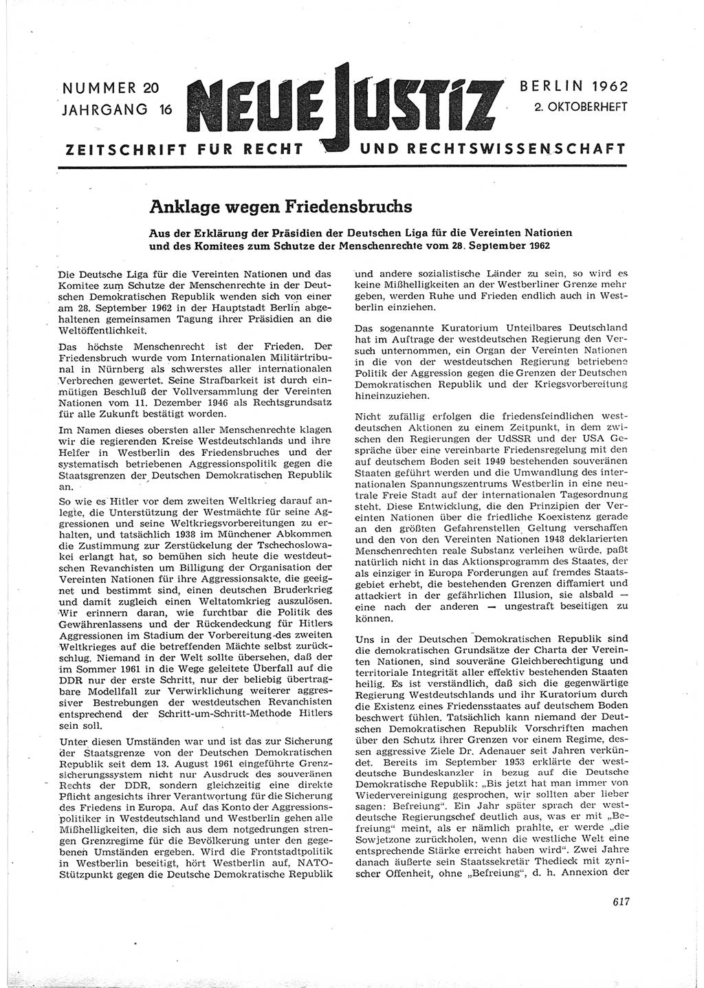 Neue Justiz (NJ), Zeitschrift für Recht und Rechtswissenschaft [Deutsche Demokratische Republik (DDR)], 16. Jahrgang 1962, Seite 617 (NJ DDR 1962, S. 617)