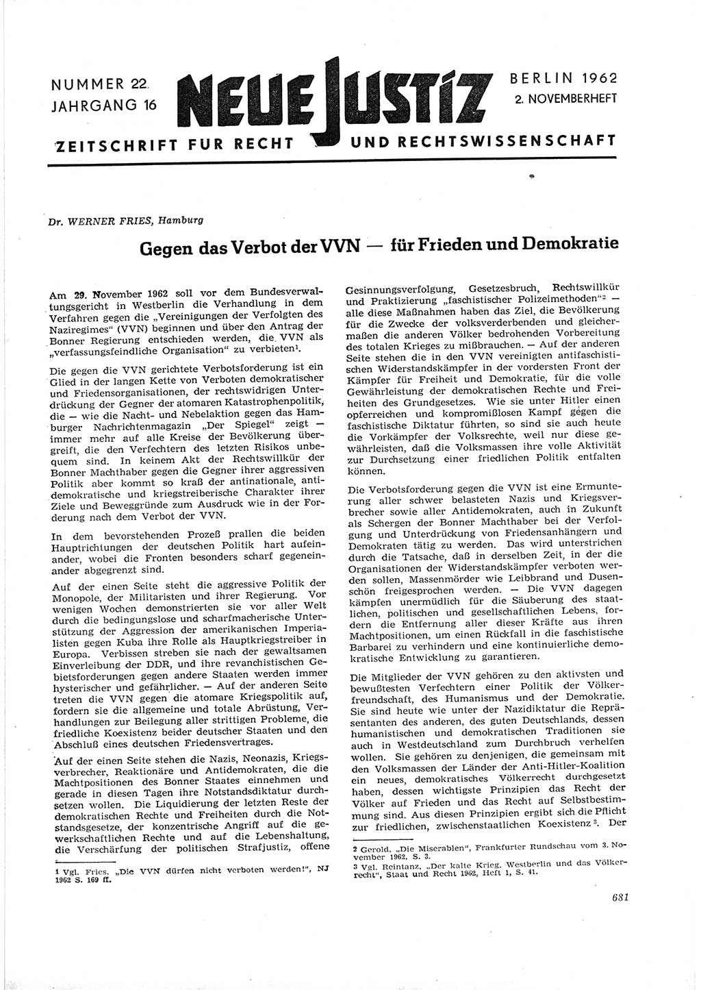 Neue Justiz (NJ), Zeitschrift für Recht und Rechtswissenschaft [Deutsche Demokratische Republik (DDR)], 16. Jahrgang 1962, Seite 681 (NJ DDR 1962, S. 681)