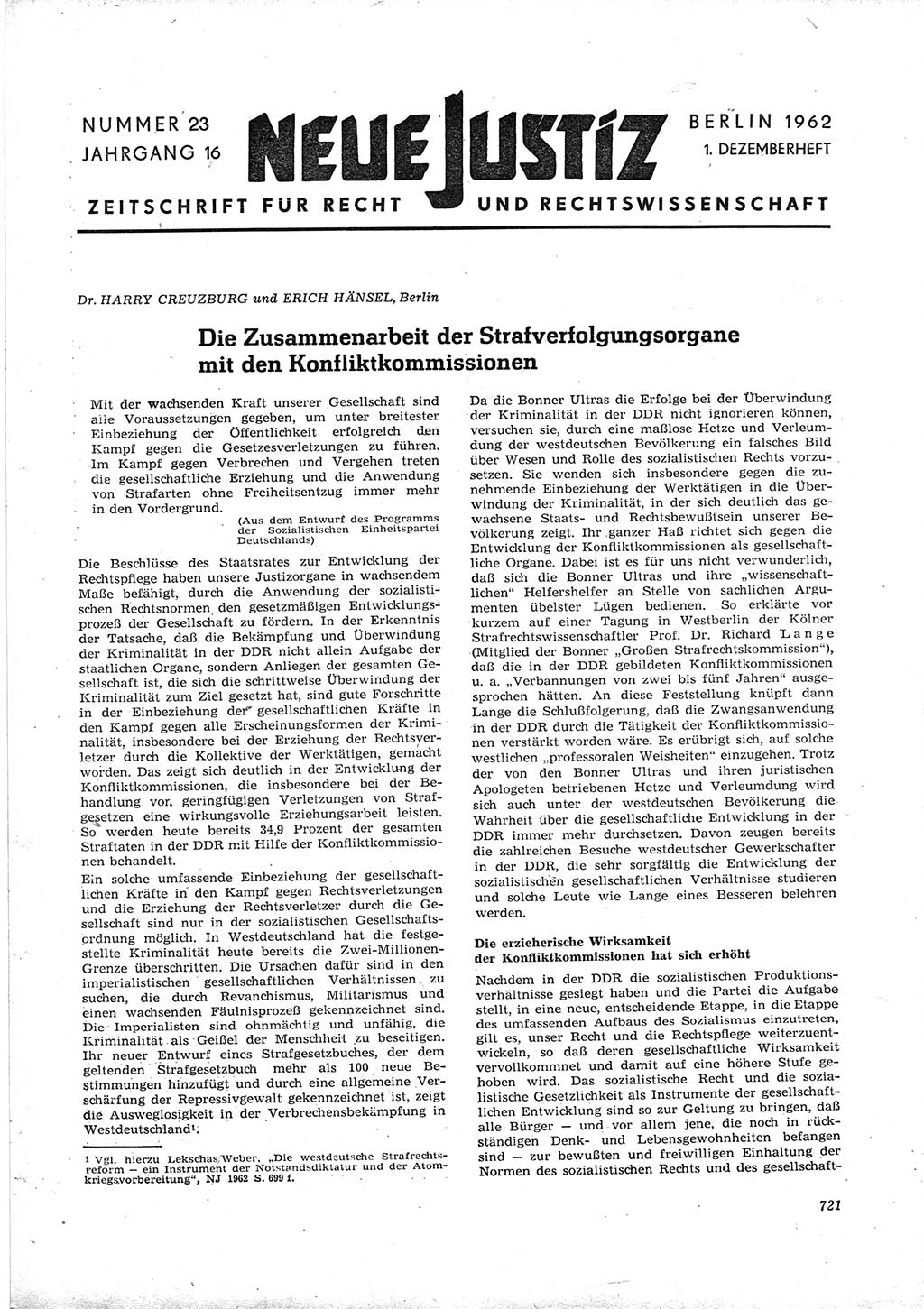 Neue Justiz (NJ), Zeitschrift für Recht und Rechtswissenschaft [Deutsche Demokratische Republik (DDR)], 16. Jahrgang 1962, Seite 721 (NJ DDR 1962, S. 721)