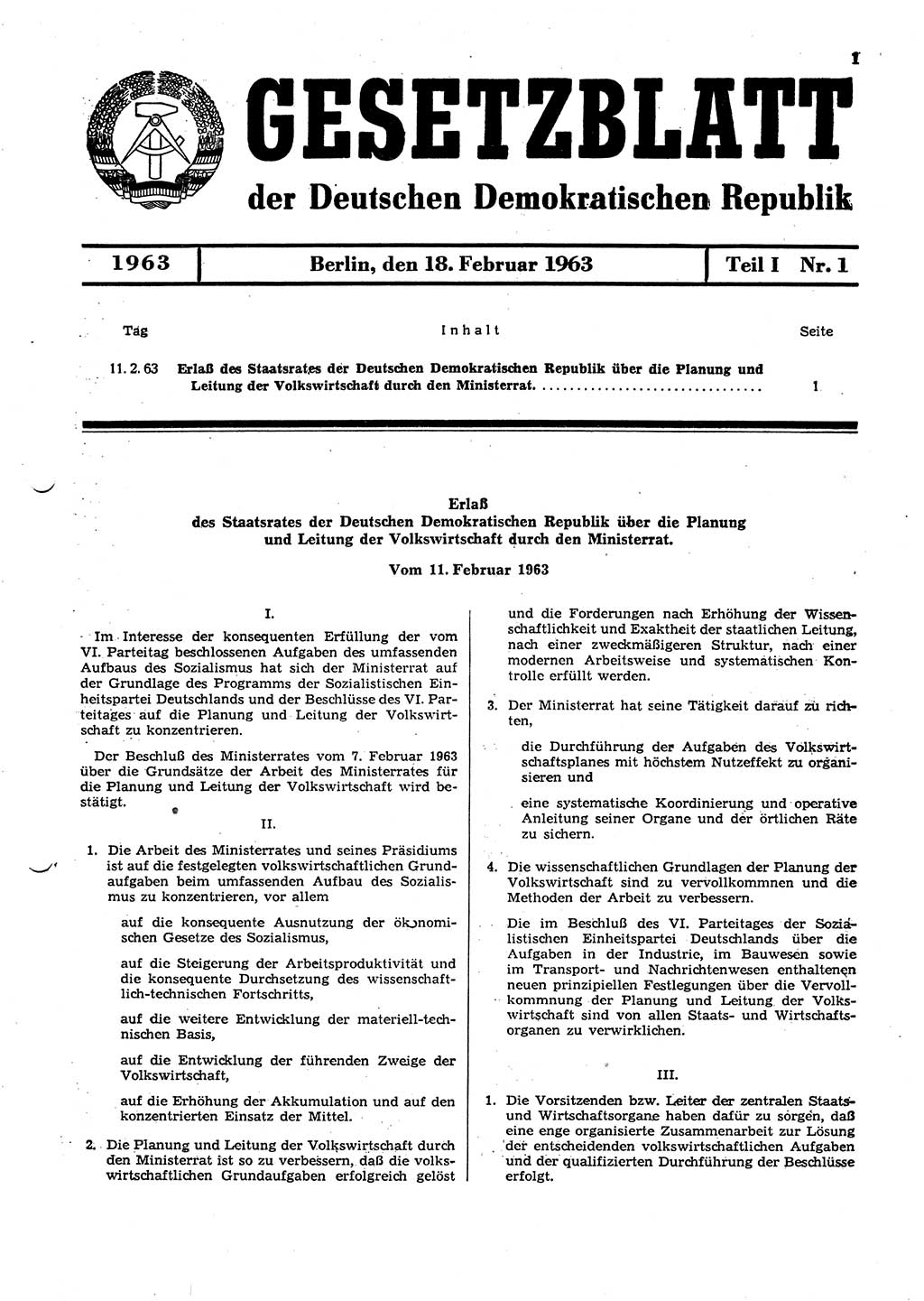 Gesetzblatt (GBl.) der Deutschen Demokratischen Republik (DDR) Teil Ⅰ 1963, Seite 1 (GBl. DDR Ⅰ 1963, S. 1)