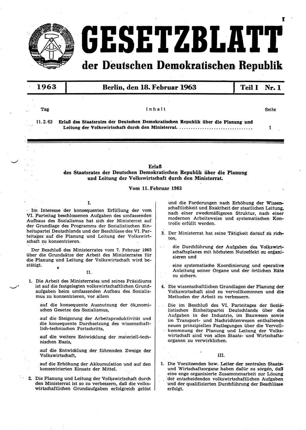 Gesetzblatt (GBl.) der Deutschen Demokratischen Republik (DDR) Teil Ⅰ 1963, Seite 1 (GBl. DDR Ⅰ 1963, S. 1)