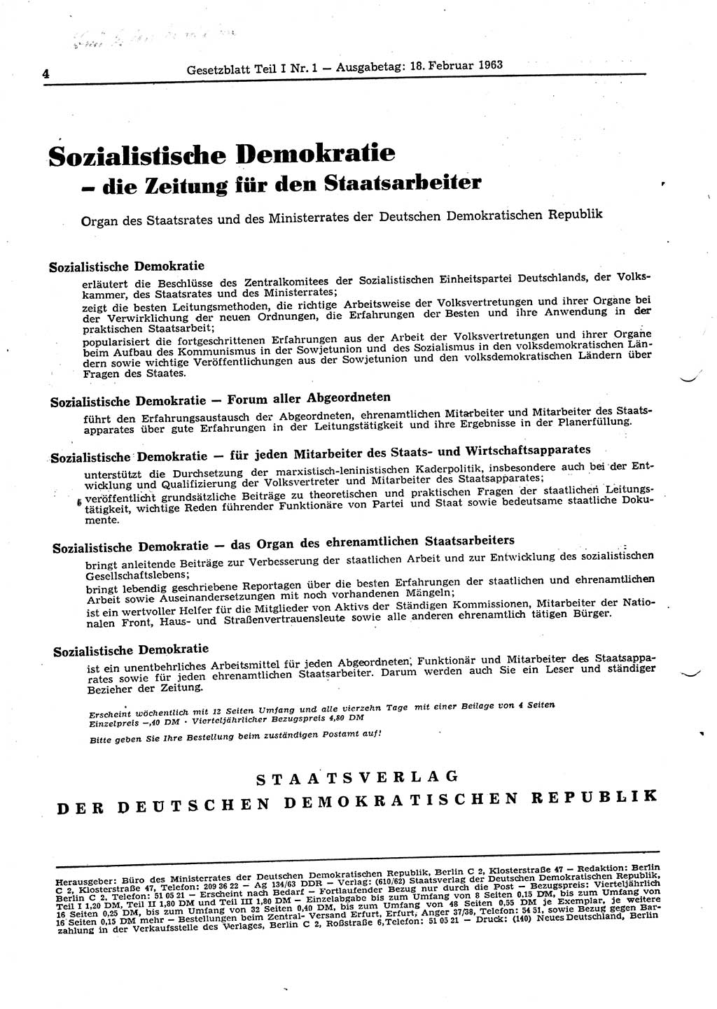 Gesetzblatt (GBl.) der Deutschen Demokratischen Republik (DDR) Teil Ⅰ 1963, Seite 4 (GBl. DDR Ⅰ 1963, S. 4)