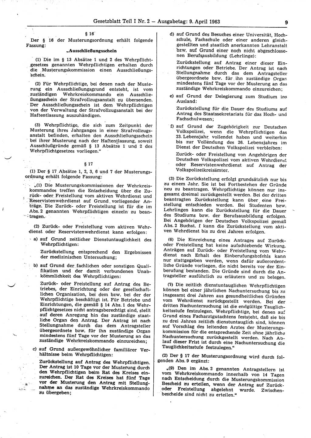 Gesetzblatt (GBl.) der Deutschen Demokratischen Republik (DDR) Teil Ⅰ 1963, Seite 9 (GBl. DDR Ⅰ 1963, S. 9)