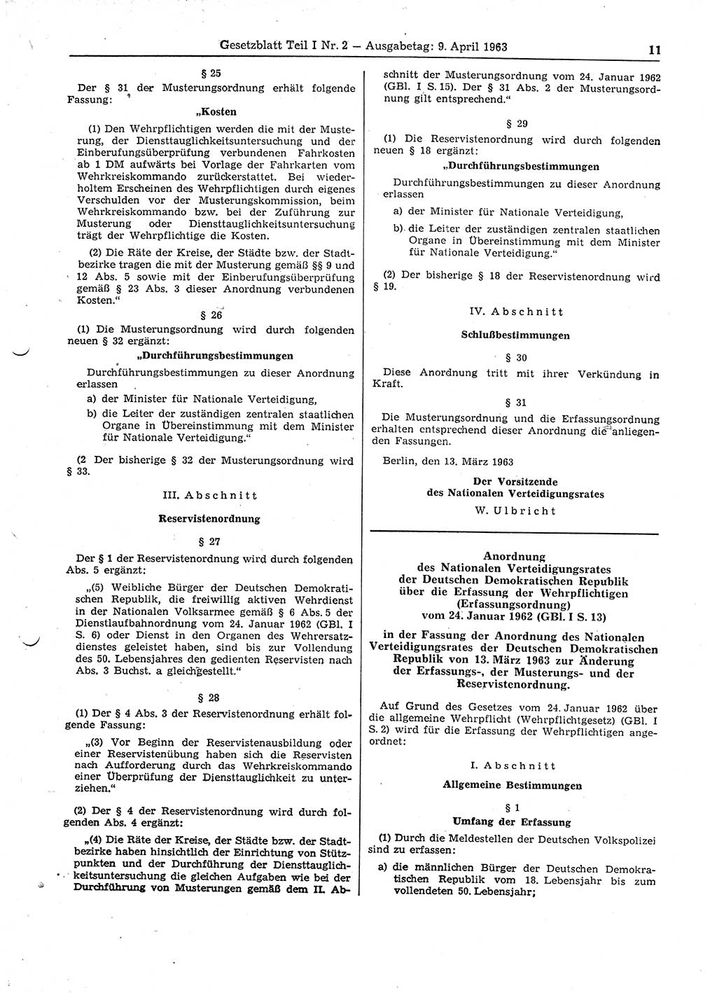 Gesetzblatt (GBl.) der Deutschen Demokratischen Republik (DDR) Teil Ⅰ 1963, Seite 11 (GBl. DDR Ⅰ 1963, S. 11)