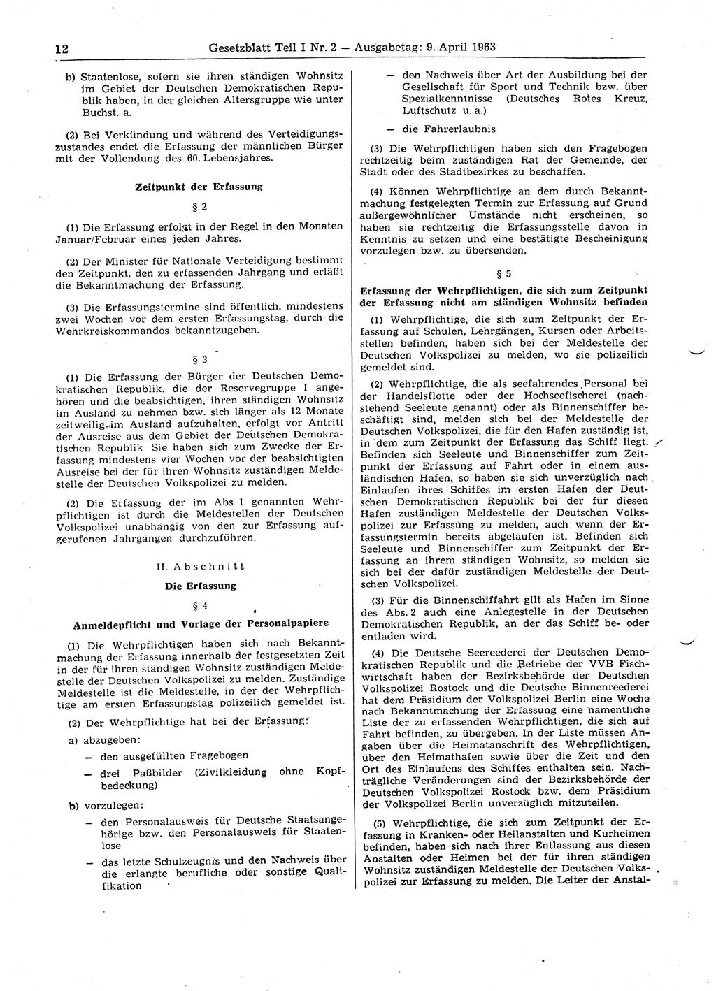 Gesetzblatt (GBl.) der Deutschen Demokratischen Republik (DDR) Teil Ⅰ 1963, Seite 12 (GBl. DDR Ⅰ 1963, S. 12)