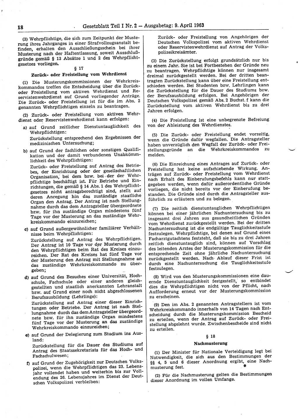 Gesetzblatt (GBl.) der Deutschen Demokratischen Republik (DDR) Teil Ⅰ 1963, Seite 18 (GBl. DDR Ⅰ 1963, S. 18)