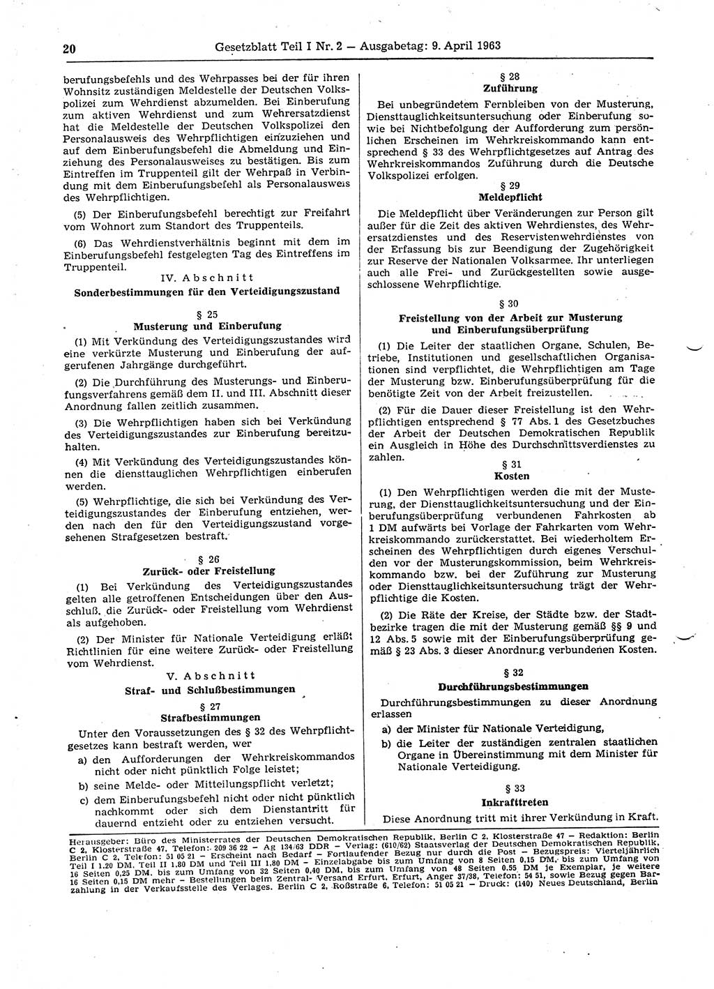 Gesetzblatt (GBl.) der Deutschen Demokratischen Republik (DDR) Teil Ⅰ 1963, Seite 20 (GBl. DDR Ⅰ 1963, S. 20)