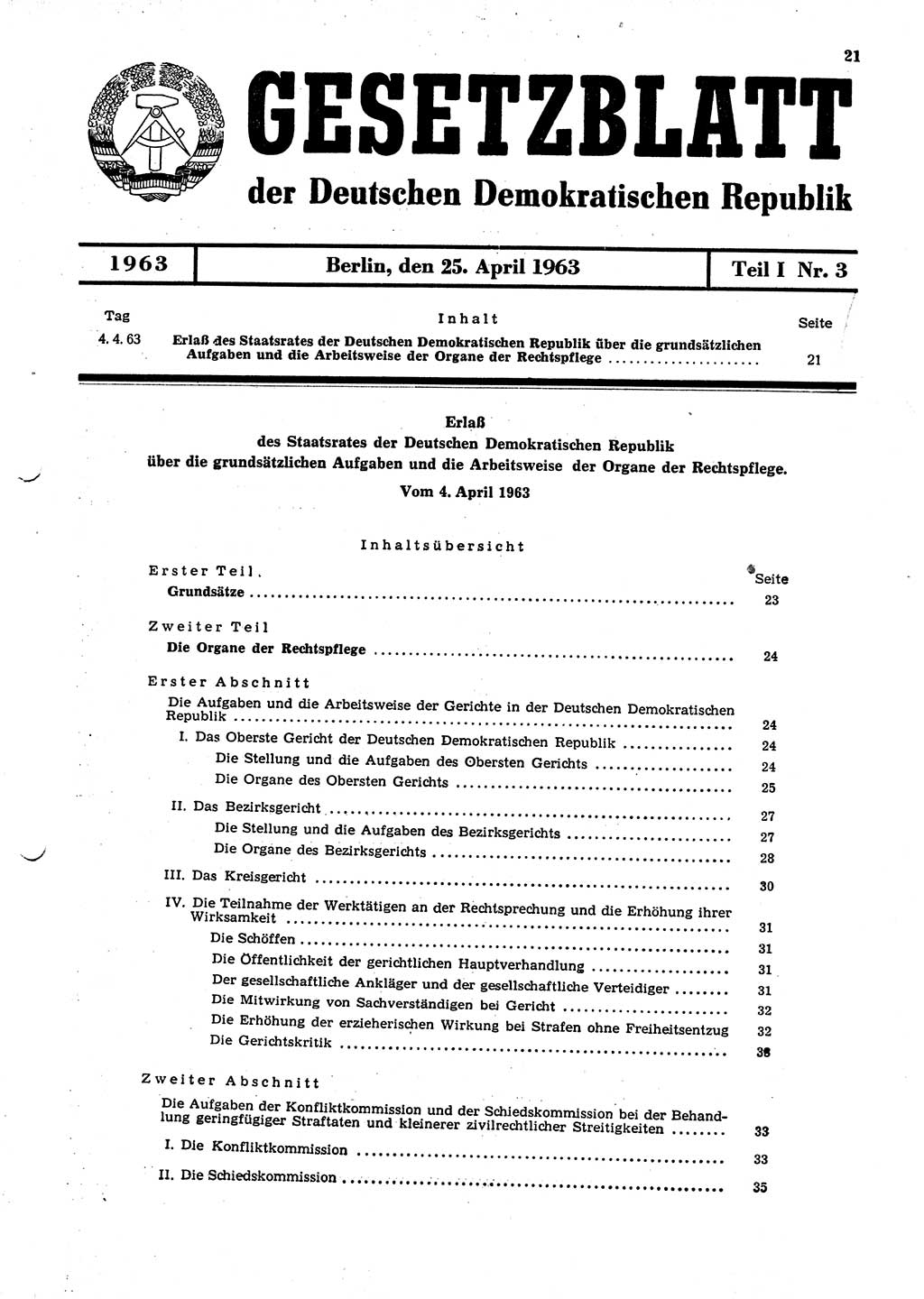 Gesetzblatt (GBl.) der Deutschen Demokratischen Republik (DDR) Teil Ⅰ 1963, Seite 21 (GBl. DDR Ⅰ 1963, S. 21)