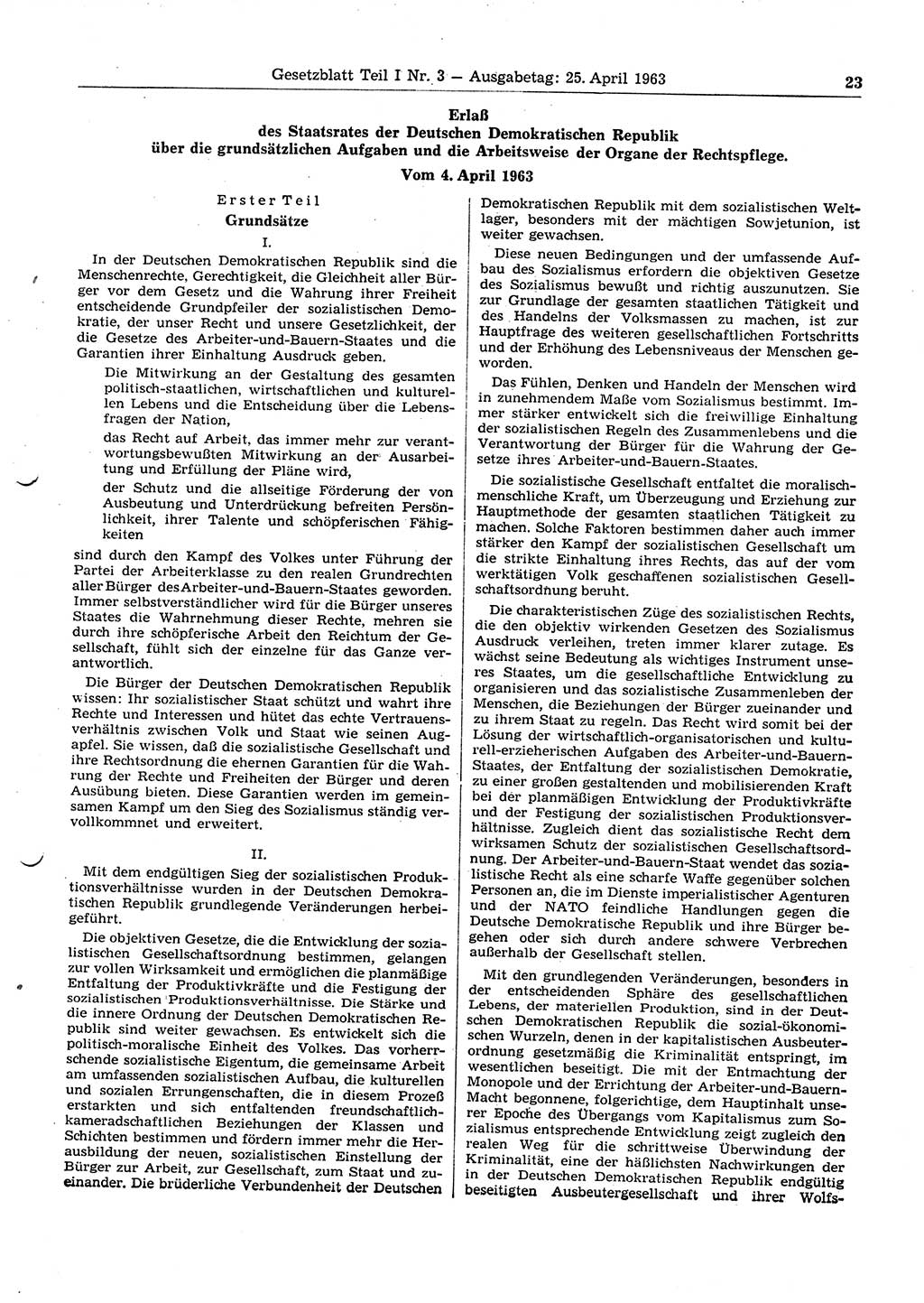Gesetzblatt (GBl.) der Deutschen Demokratischen Republik (DDR) Teil Ⅰ 1963, Seite 23 (GBl. DDR Ⅰ 1963, S. 23)