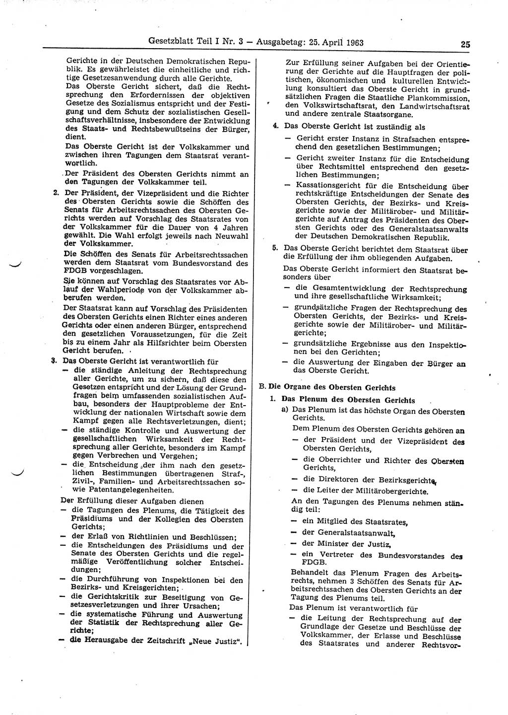 Gesetzblatt (GBl.) der Deutschen Demokratischen Republik (DDR) Teil Ⅰ 1963, Seite 25 (GBl. DDR Ⅰ 1963, S. 25)