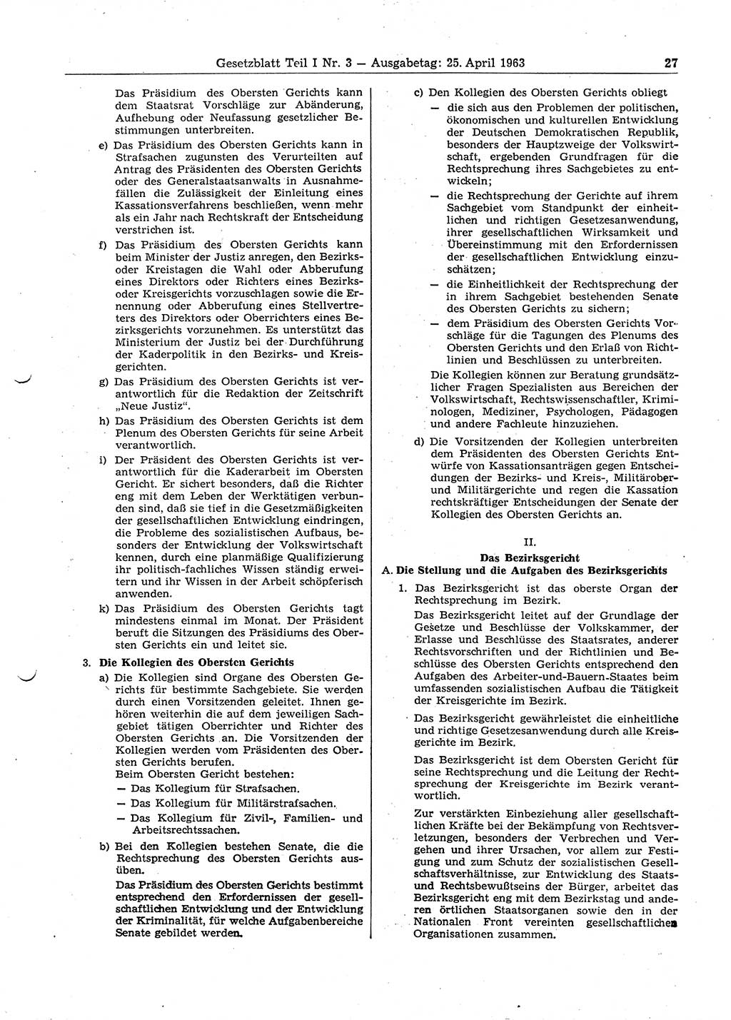 Gesetzblatt (GBl.) der Deutschen Demokratischen Republik (DDR) Teil Ⅰ 1963, Seite 27 (GBl. DDR Ⅰ 1963, S. 27)