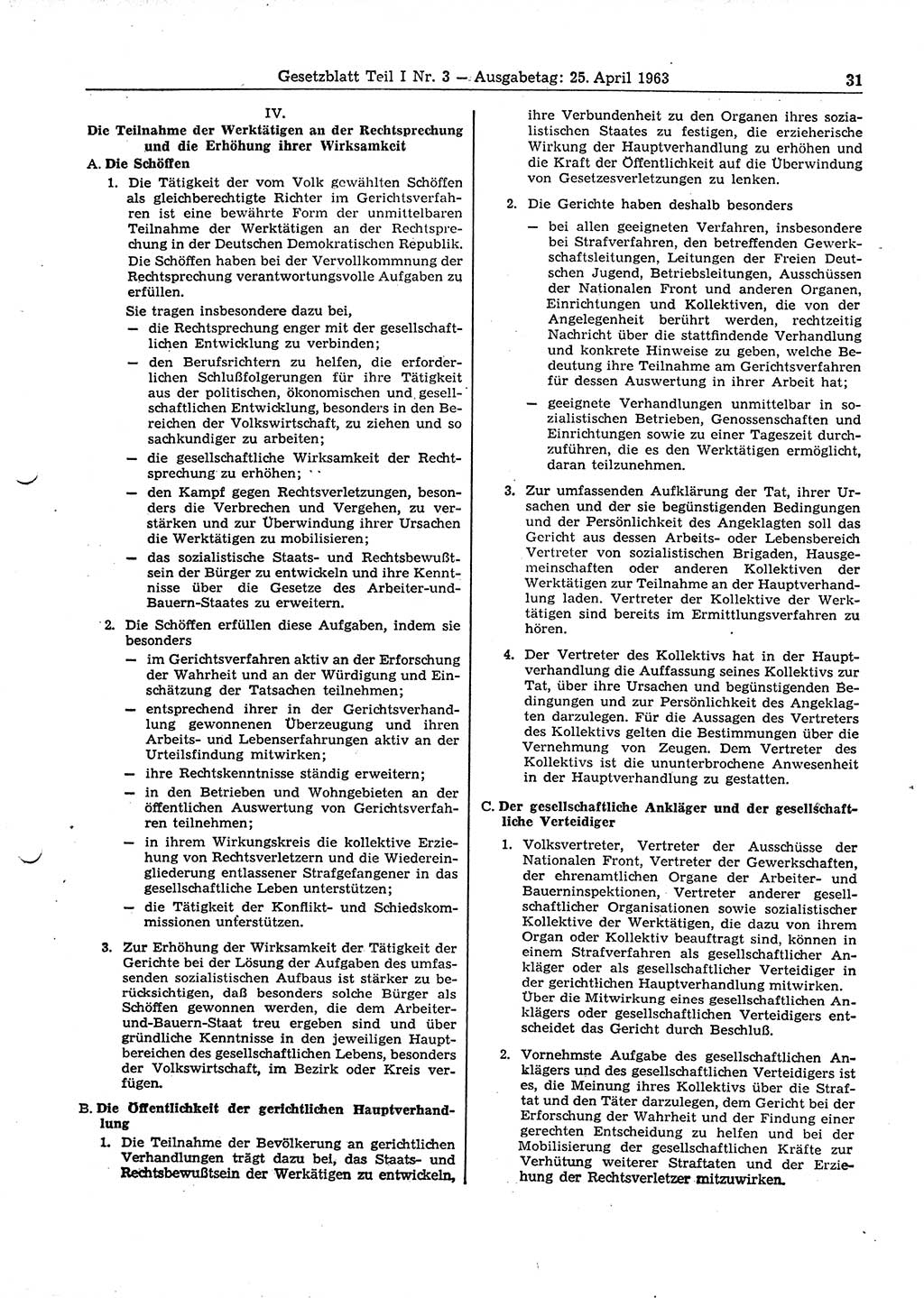 Gesetzblatt (GBl.) der Deutschen Demokratischen Republik (DDR) Teil Ⅰ 1963, Seite 31 (GBl. DDR Ⅰ 1963, S. 31)