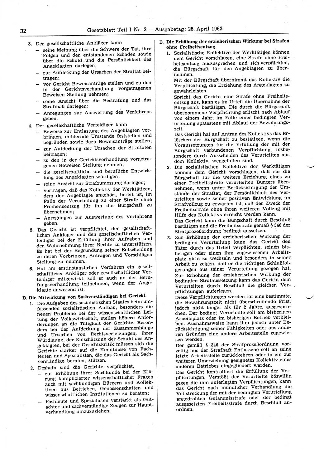 Gesetzblatt (GBl.) der Deutschen Demokratischen Republik (DDR) Teil Ⅰ 1963, Seite 32 (GBl. DDR Ⅰ 1963, S. 32)