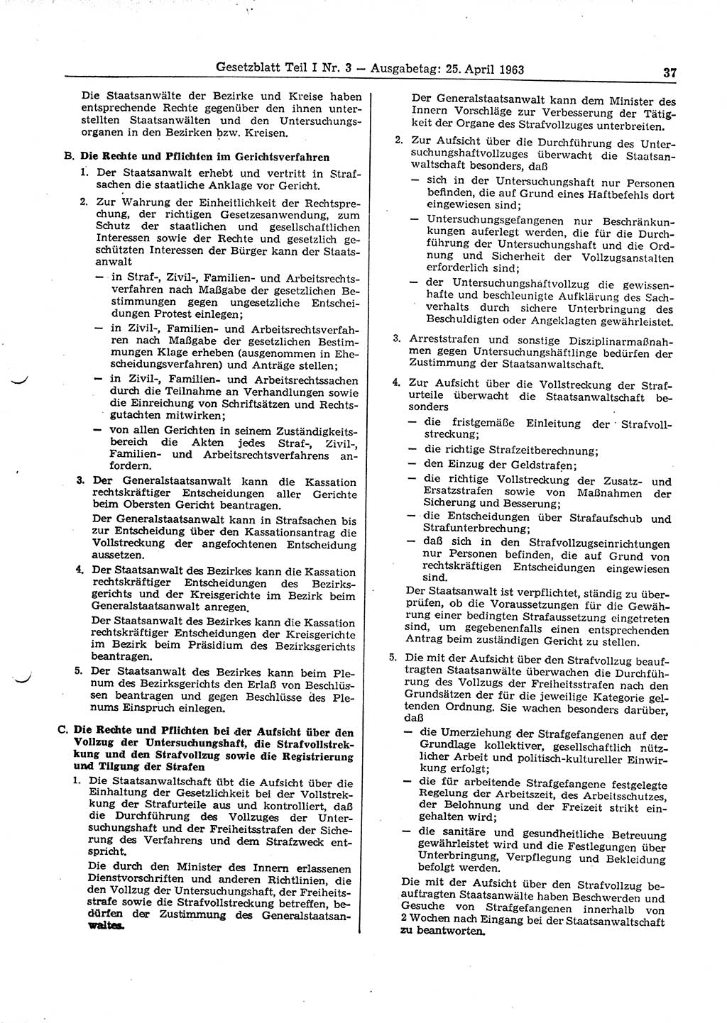 Gesetzblatt (GBl.) der Deutschen Demokratischen Republik (DDR) Teil Ⅰ 1963, Seite 37 (GBl. DDR Ⅰ 1963, S. 37)