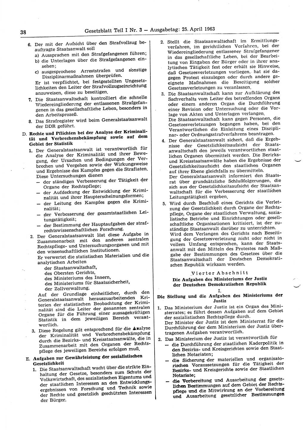 Gesetzblatt (GBl.) der Deutschen Demokratischen Republik (DDR) Teil Ⅰ 1963, Seite 38 (GBl. DDR Ⅰ 1963, S. 38)