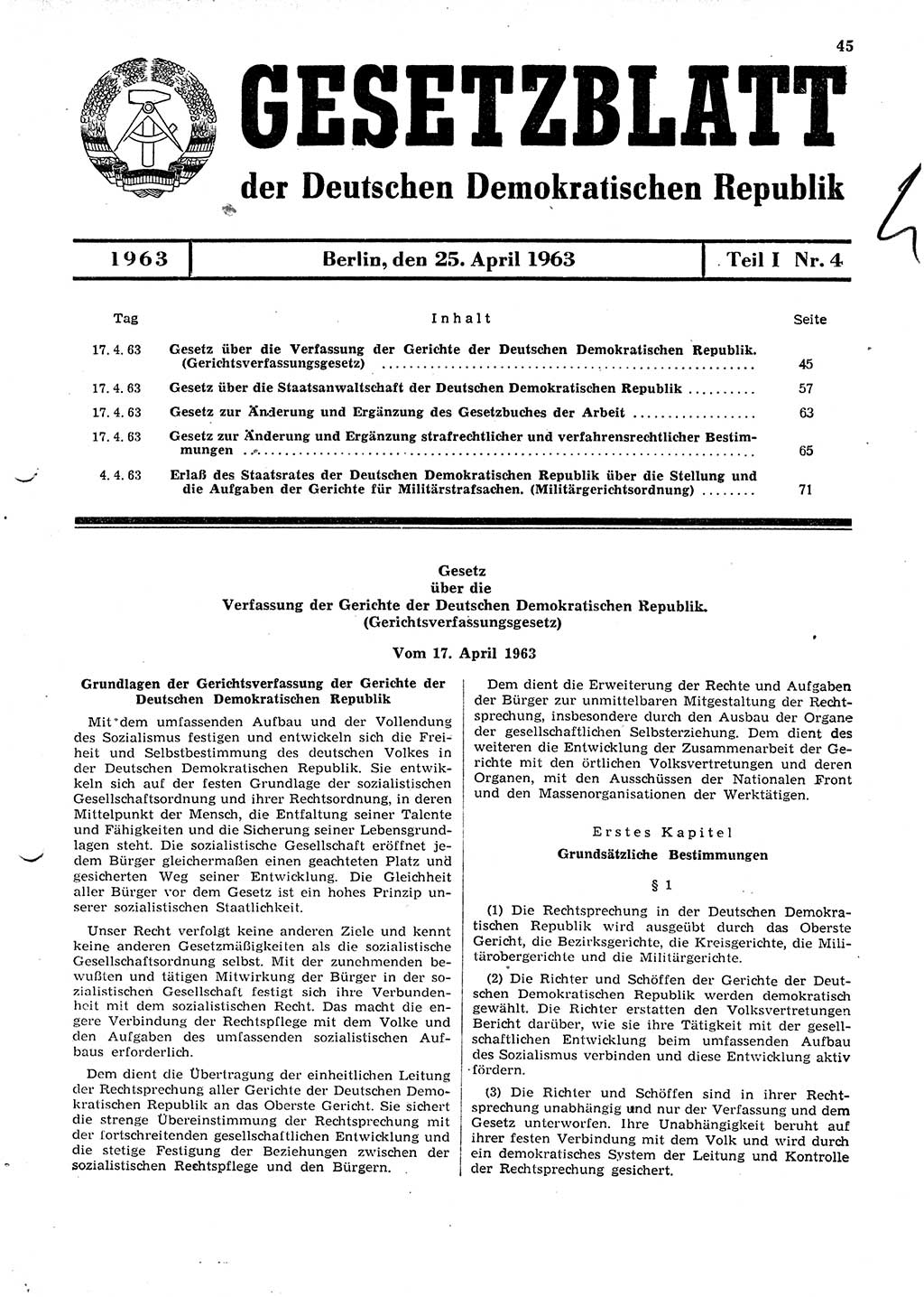 Gesetzblatt (GBl.) der Deutschen Demokratischen Republik (DDR) Teil Ⅰ 1963, Seite 45 (GBl. DDR Ⅰ 1963, S. 45)