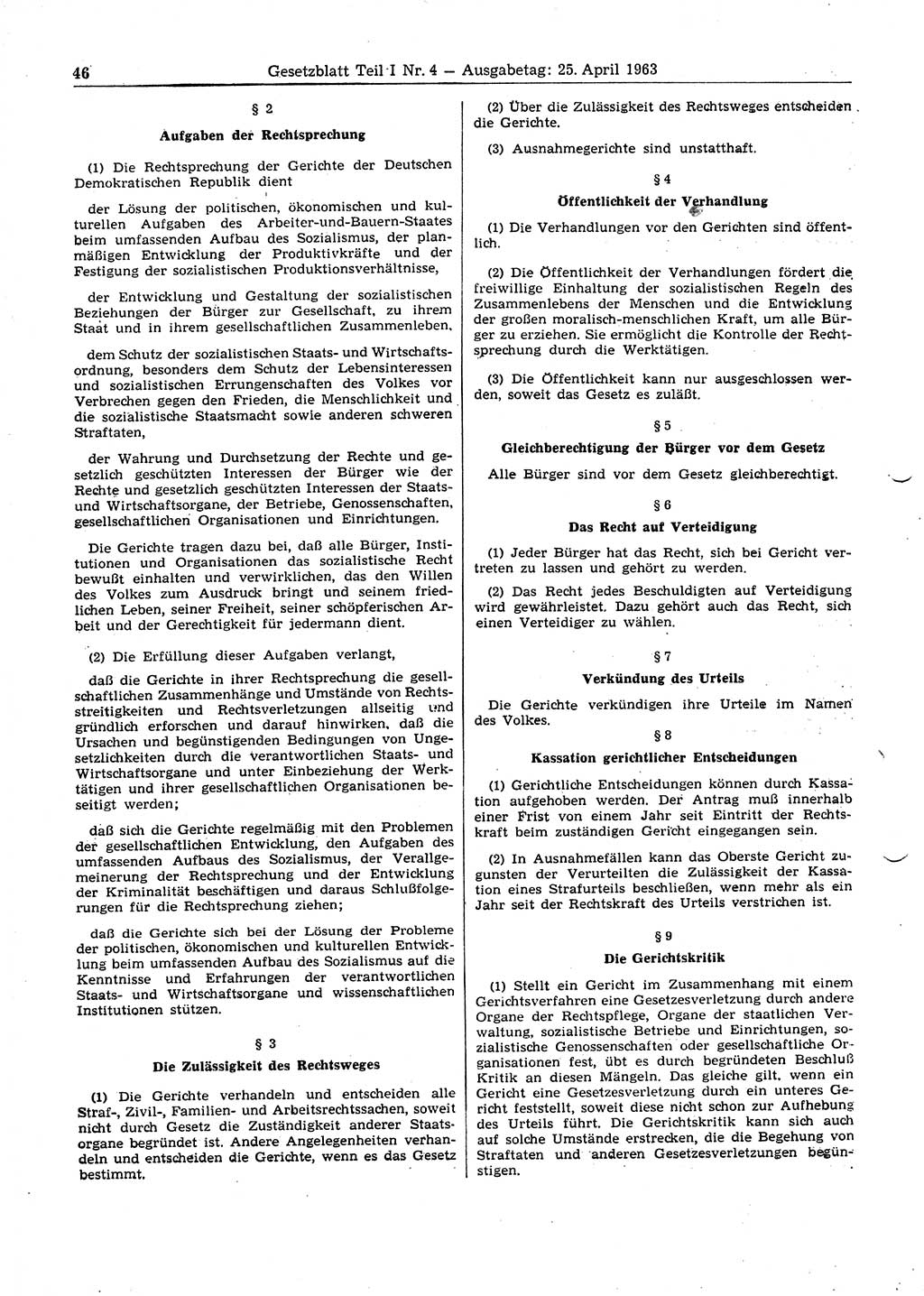 Gesetzblatt (GBl.) der Deutschen Demokratischen Republik (DDR) Teil Ⅰ 1963, Seite 46 (GBl. DDR Ⅰ 1963, S. 46)