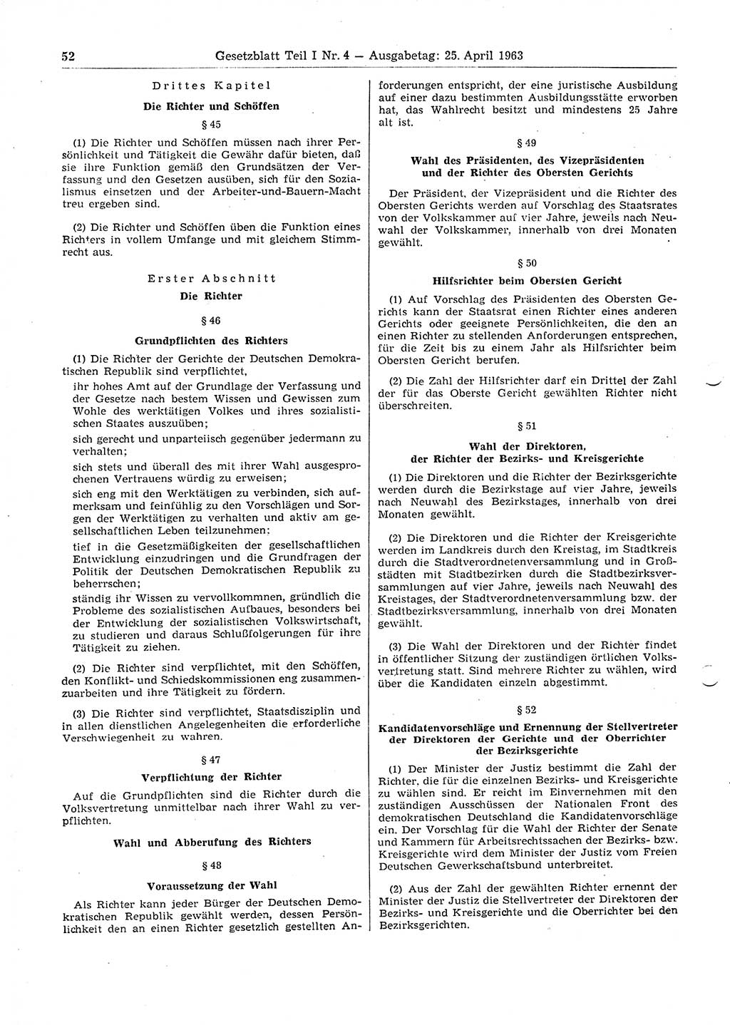 Gesetzblatt (GBl.) der Deutschen Demokratischen Republik (DDR) Teil Ⅰ 1963, Seite 52 (GBl. DDR Ⅰ 1963, S. 52)