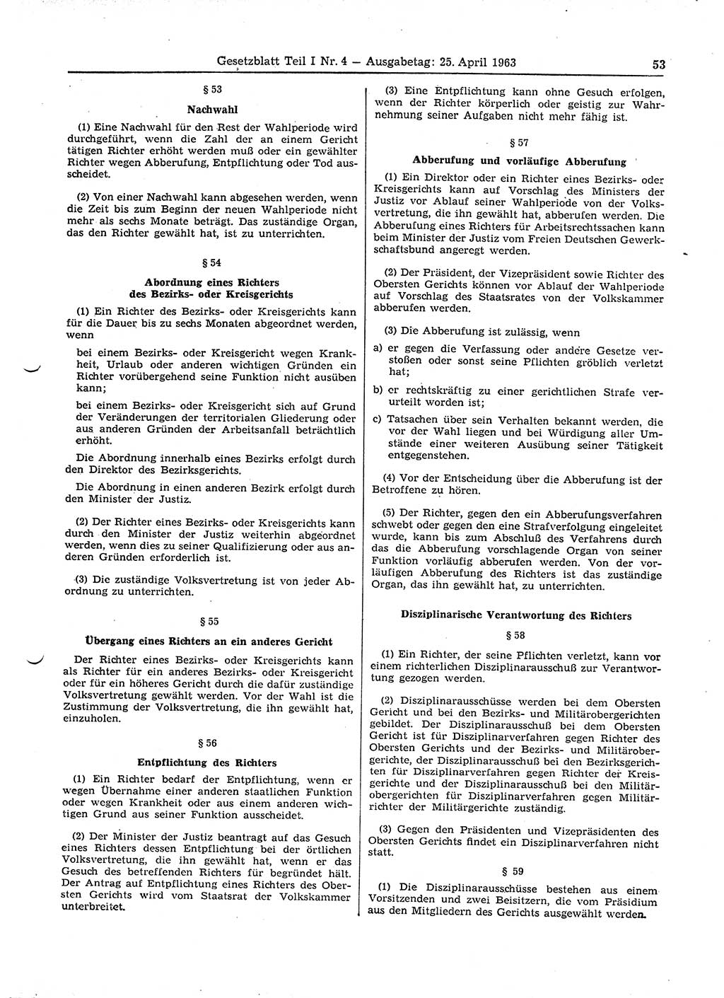 Gesetzblatt (GBl.) der Deutschen Demokratischen Republik (DDR) Teil Ⅰ 1963, Seite 53 (GBl. DDR Ⅰ 1963, S. 53)