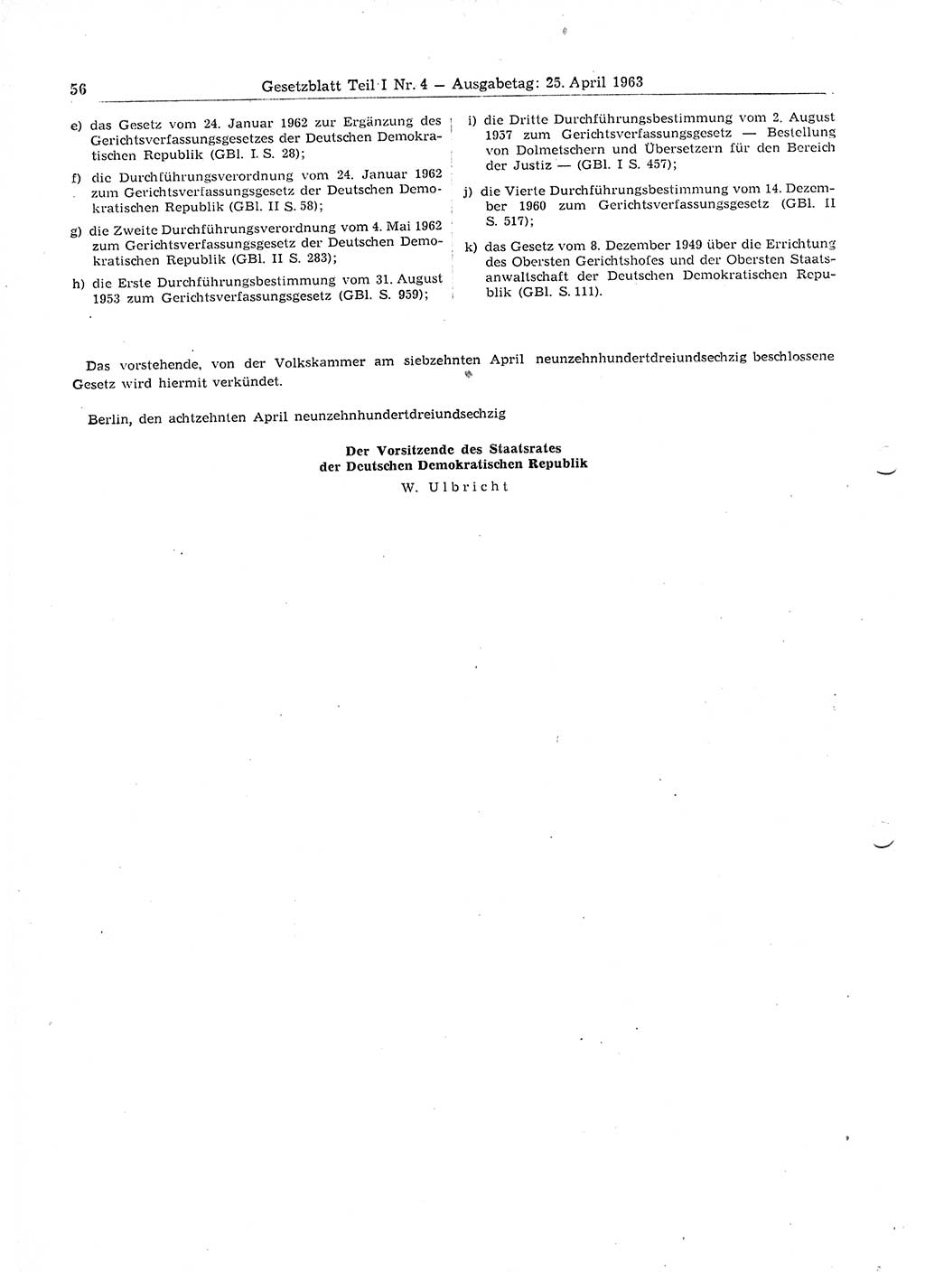 Gesetzblatt (GBl.) der Deutschen Demokratischen Republik (DDR) Teil Ⅰ 1963, Seite 56 (GBl. DDR Ⅰ 1963, S. 56)