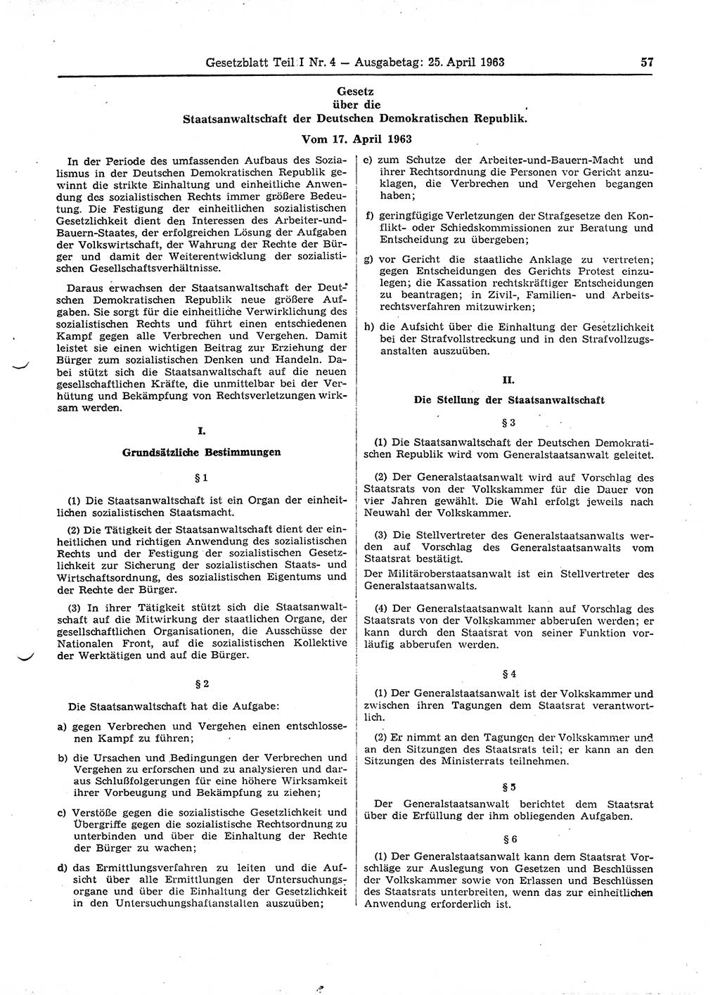 Gesetzblatt (GBl.) der Deutschen Demokratischen Republik (DDR) Teil Ⅰ 1963, Seite 57 (GBl. DDR Ⅰ 1963, S. 57)