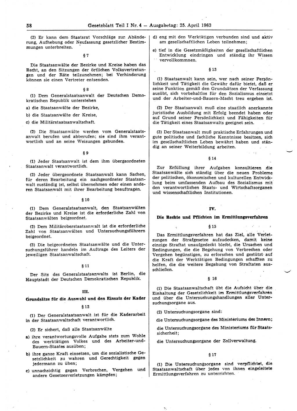 Gesetzblatt (GBl.) der Deutschen Demokratischen Republik (DDR) Teil Ⅰ 1963, Seite 58 (GBl. DDR Ⅰ 1963, S. 58)