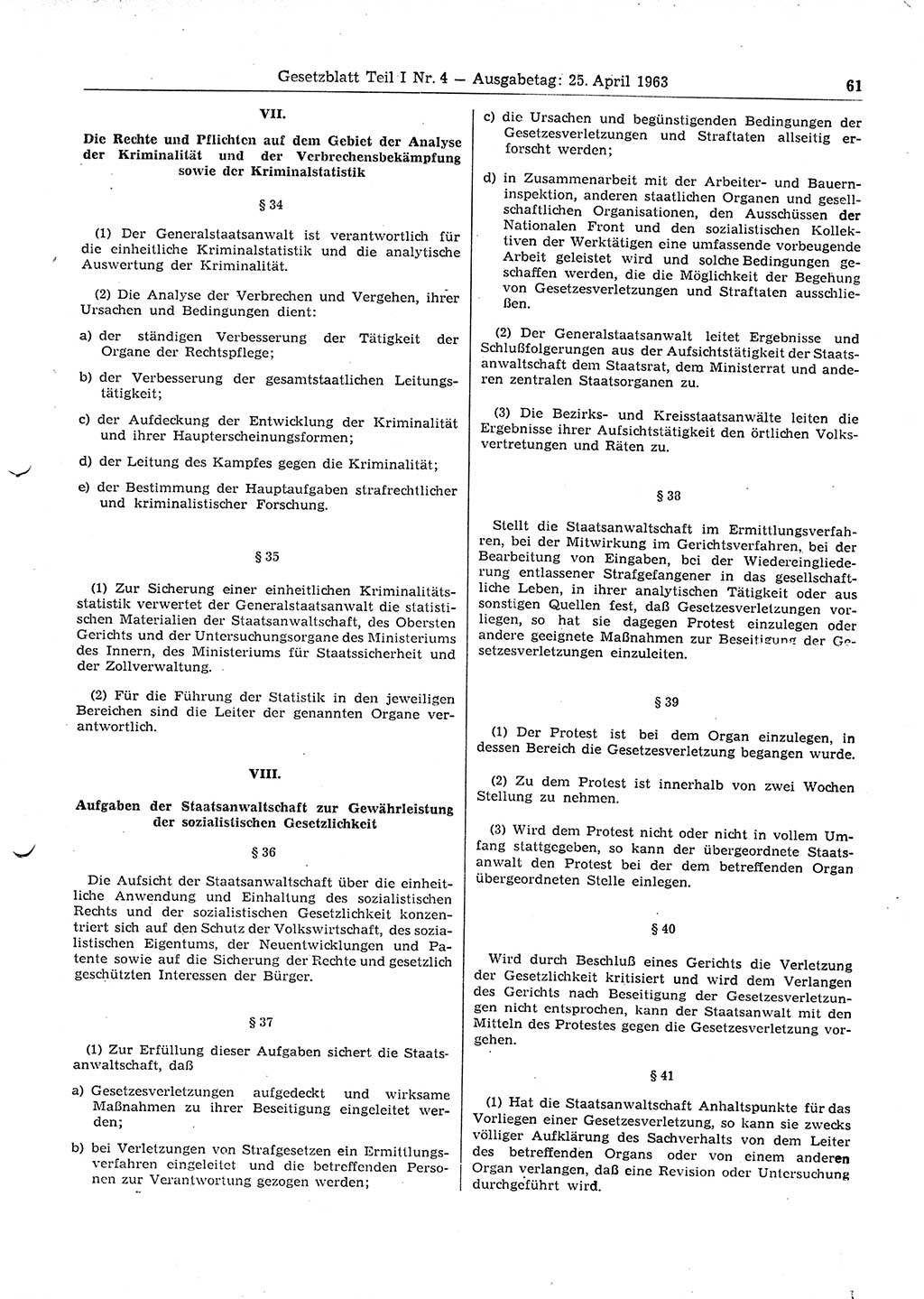 Gesetzblatt (GBl.) der Deutschen Demokratischen Republik (DDR) Teil Ⅰ 1963, Seite 61 (GBl. DDR Ⅰ 1963, S. 61)