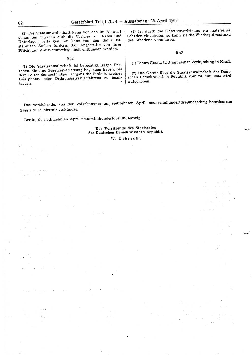 Gesetzblatt (GBl.) der Deutschen Demokratischen Republik (DDR) Teil Ⅰ 1963, Seite 62 (GBl. DDR Ⅰ 1963, S. 62)