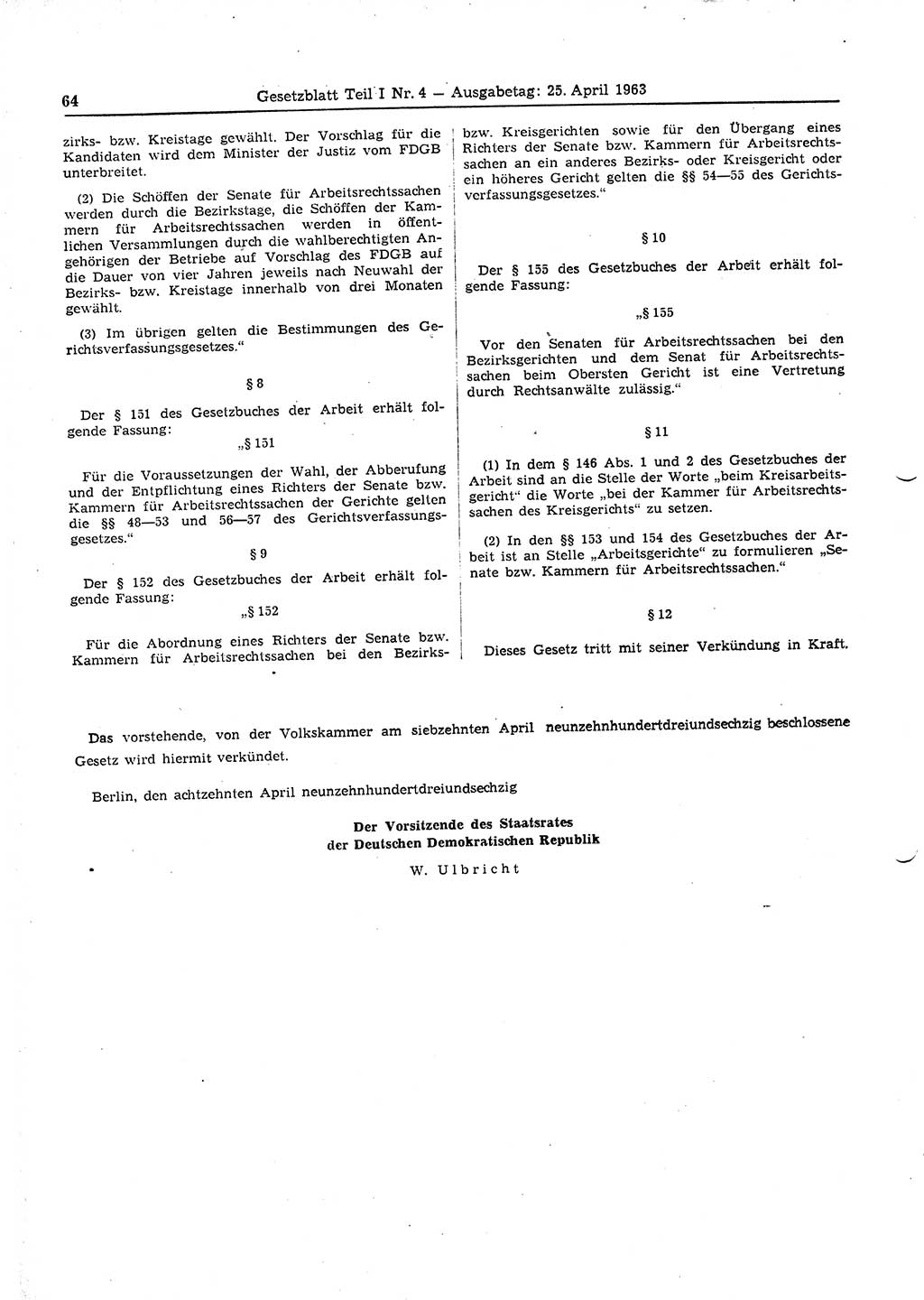 Gesetzblatt (GBl.) der Deutschen Demokratischen Republik (DDR) Teil Ⅰ 1963, Seite 64 (GBl. DDR Ⅰ 1963, S. 64)