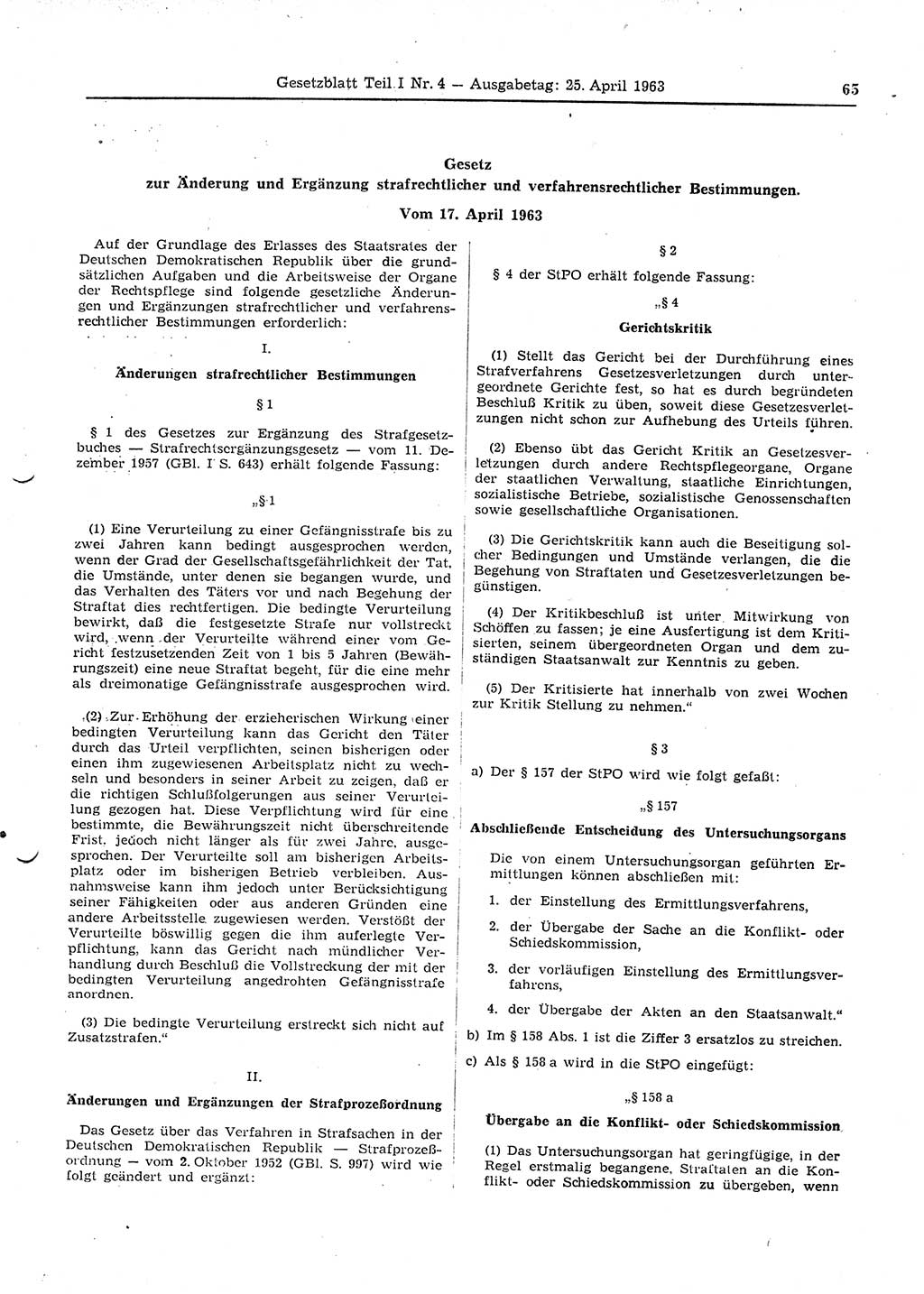 Gesetzblatt (GBl.) der Deutschen Demokratischen Republik (DDR) Teil Ⅰ 1963, Seite 65 (GBl. DDR Ⅰ 1963, S. 65)