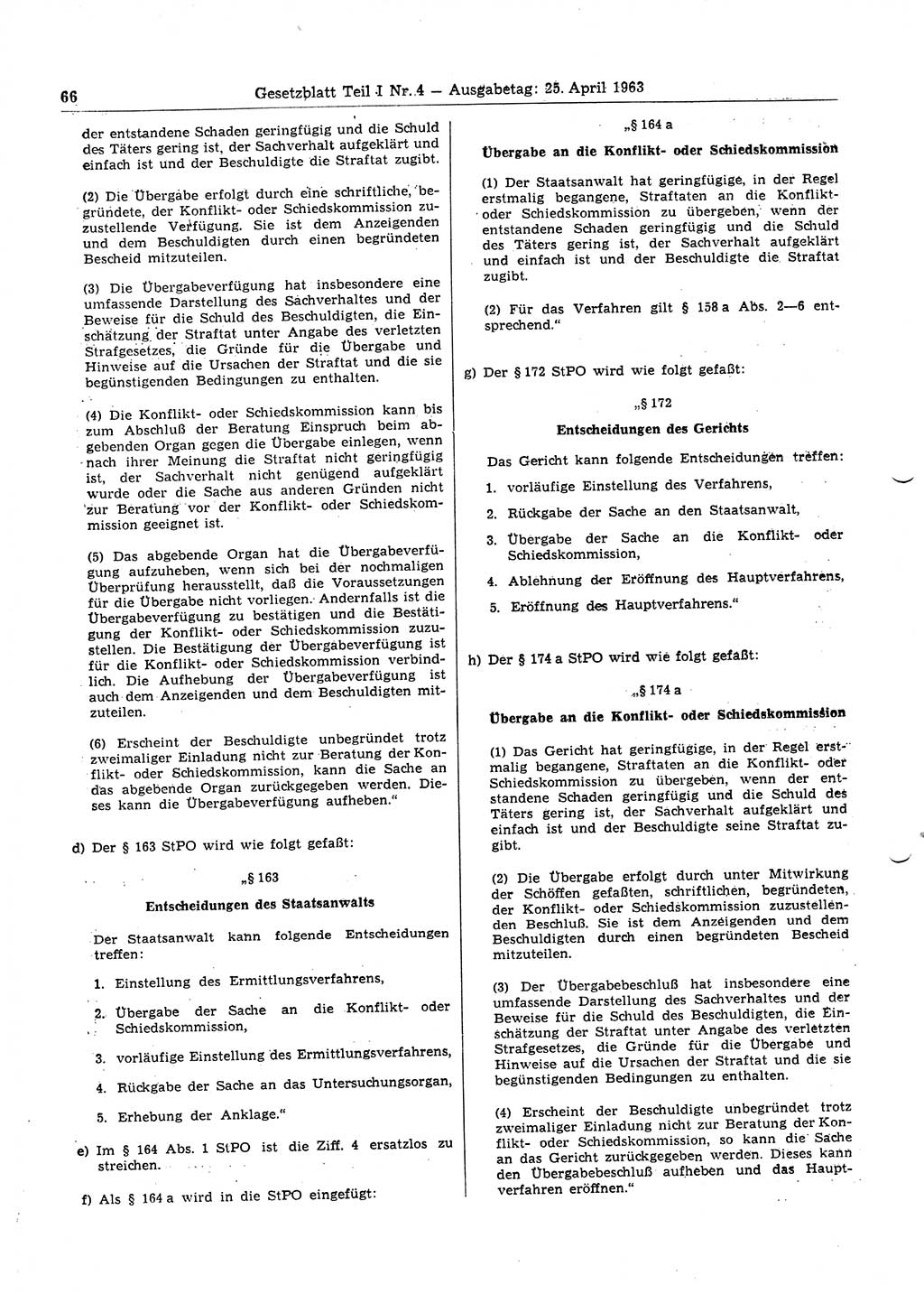 Gesetzblatt (GBl.) der Deutschen Demokratischen Republik (DDR) Teil Ⅰ 1963, Seite 66 (GBl. DDR Ⅰ 1963, S. 66)