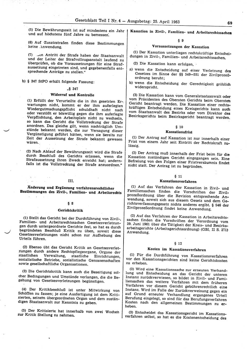 Gesetzblatt (GBl.) der Deutschen Demokratischen Republik (DDR) Teil Ⅰ 1963, Seite 69 (GBl. DDR Ⅰ 1963, S. 69)