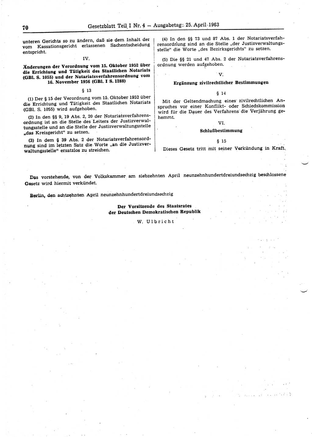 Gesetzblatt (GBl.) der Deutschen Demokratischen Republik (DDR) Teil Ⅰ 1963, Seite 70 (GBl. DDR Ⅰ 1963, S. 70)