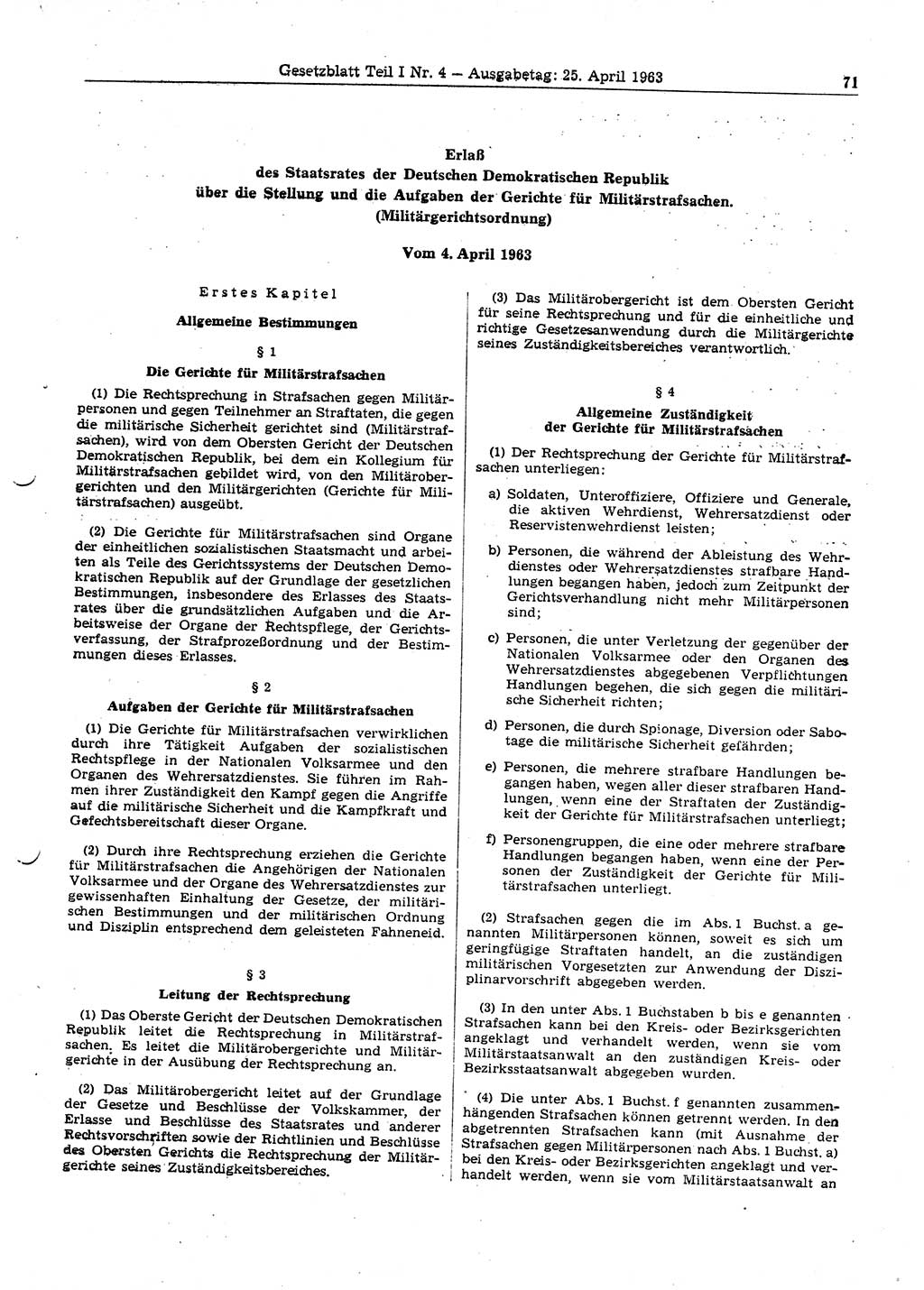 Gesetzblatt (GBl.) der Deutschen Demokratischen Republik (DDR) Teil Ⅰ 1963, Seite 71 (GBl. DDR Ⅰ 1963, S. 71)