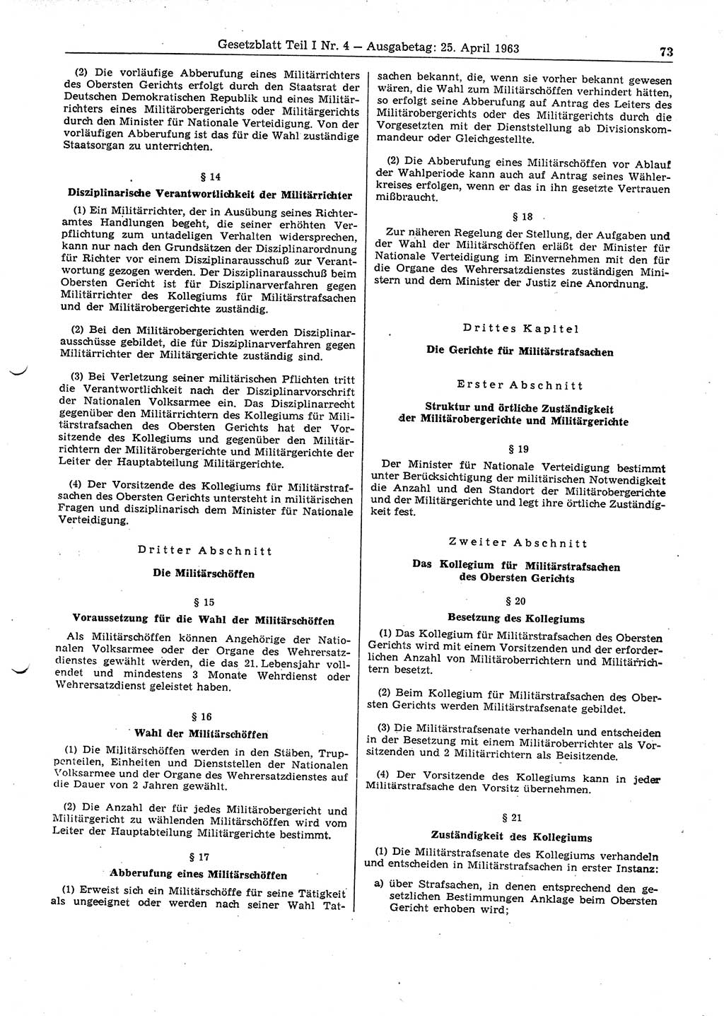 Gesetzblatt (GBl.) der Deutschen Demokratischen Republik (DDR) Teil Ⅰ 1963, Seite 73 (GBl. DDR Ⅰ 1963, S. 73)