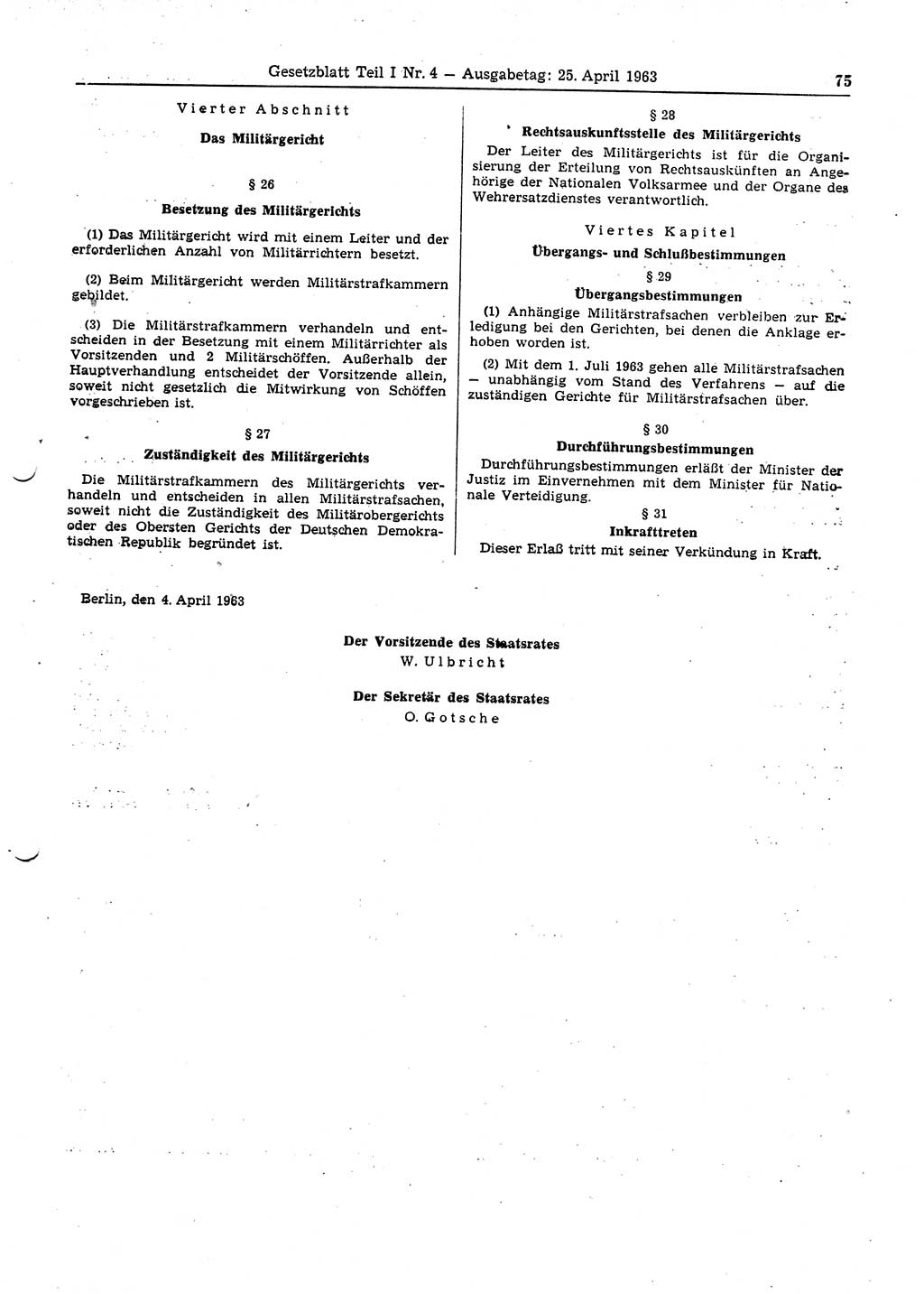 Gesetzblatt (GBl.) der Deutschen Demokratischen Republik (DDR) Teil Ⅰ 1963, Seite 75 (GBl. DDR Ⅰ 1963, S. 75)