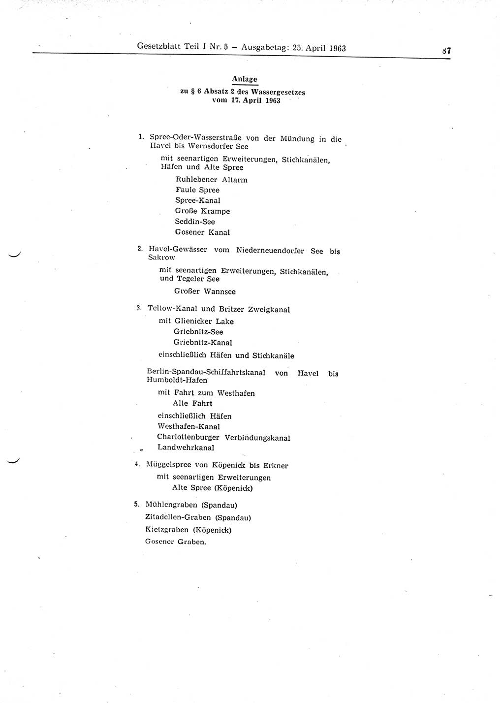 Gesetzblatt (GBl.) der Deutschen Demokratischen Republik (DDR) Teil Ⅰ 1963, Seite 87 (GBl. DDR Ⅰ 1963, S. 87)