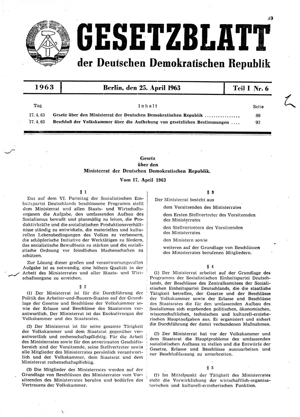 Gesetzblatt (GBl.) der Deutschen Demokratischen Republik (DDR) Teil Ⅰ 1963, Seite 89 (GBl. DDR Ⅰ 1963, S. 89)
