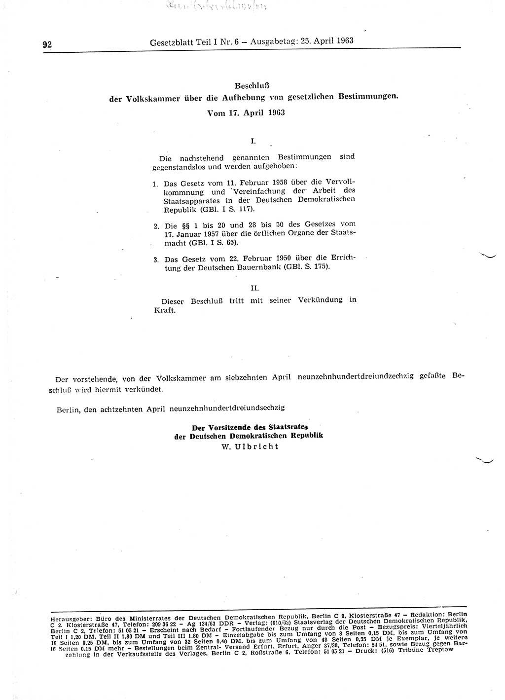 Gesetzblatt (GBl.) der Deutschen Demokratischen Republik (DDR) Teil Ⅰ 1963, Seite 92 (GBl. DDR Ⅰ 1963, S. 92)