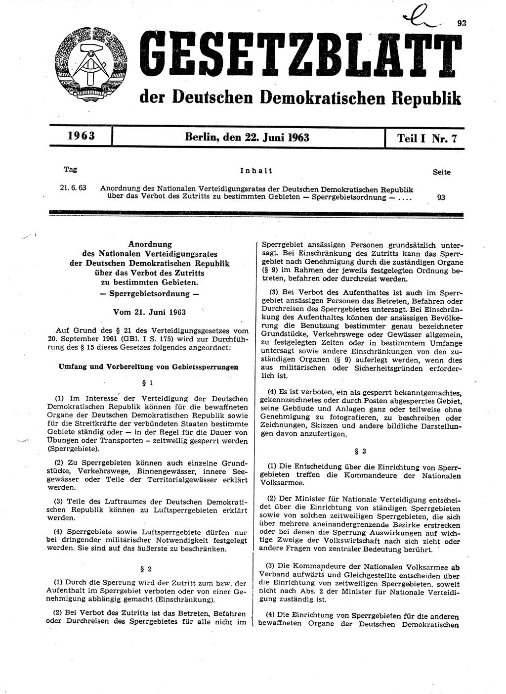 Gesetzblatt (GBl.) der Deutschen Demokratischen Republik (DDR) Teil Ⅰ 1963, Seite 93 (GBl. DDR Ⅰ 1963, S. 93)