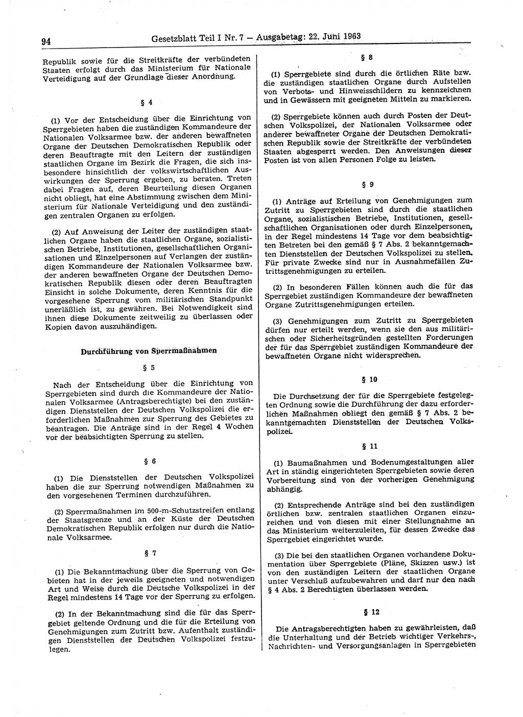 Gesetzblatt (GBl.) der Deutschen Demokratischen Republik (DDR) Teil Ⅰ 1963, Seite 94 (GBl. DDR Ⅰ 1963, S. 94)