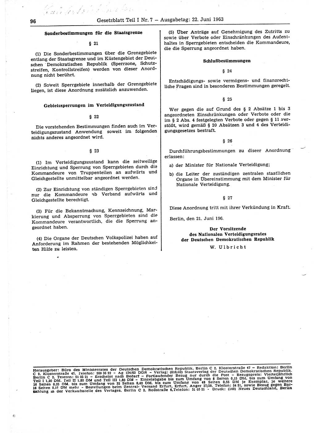 Gesetzblatt (GBl.) der Deutschen Demokratischen Republik (DDR) Teil Ⅰ 1963, Seite 96 (GBl. DDR Ⅰ 1963, S. 96)