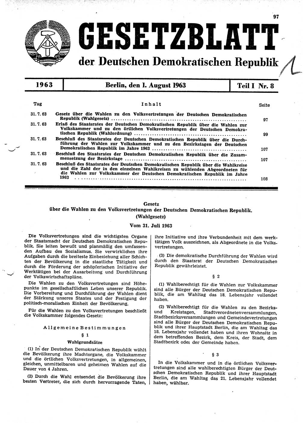 Gesetzblatt (GBl.) der Deutschen Demokratischen Republik (DDR) Teil Ⅰ 1963, Seite 97 (GBl. DDR Ⅰ 1963, S. 97)