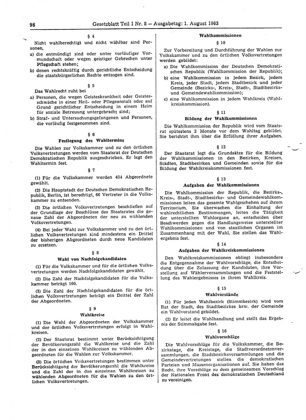 Gesetzblatt (GBl.) der Deutschen Demokratischen Republik (DDR) Teil Ⅰ 1963, Seite 98 (GBl. DDR Ⅰ 1963, S. 98)